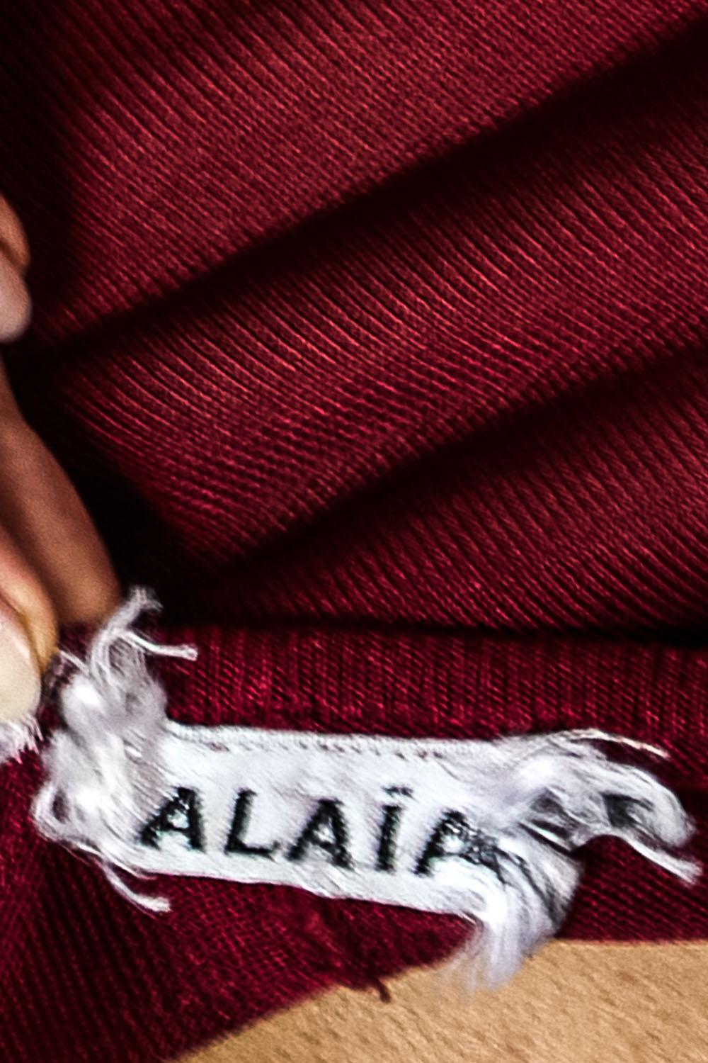 1980S AZZEDINE ALAIA Claret Red Sheer Rayon Blend Knit Long Sleeve Dress en vente 6