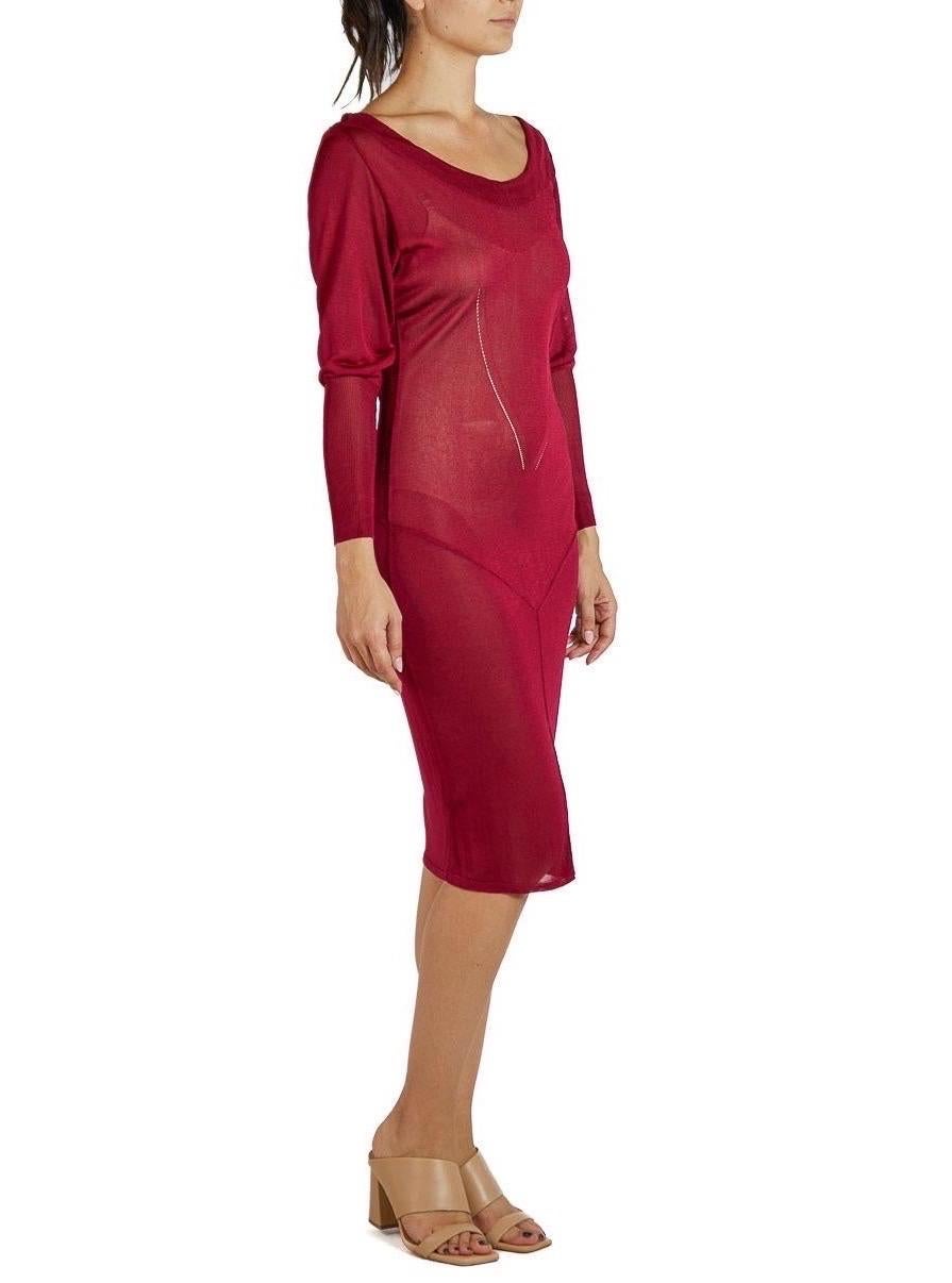 Women's 1980S AZZEDINE ALAIA Claret Red Sheer Rayon Blend Knit Long Sleeved Dress For Sale