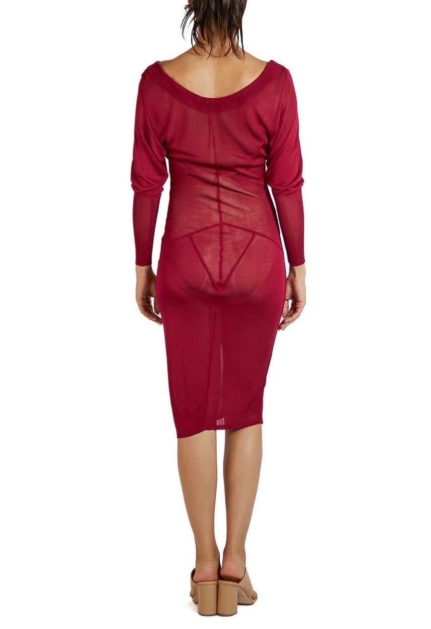 1980S AZZEDINE ALAIA Claret Red Sheer Rayon Blend Knit Long Sleeve Dress en vente 2