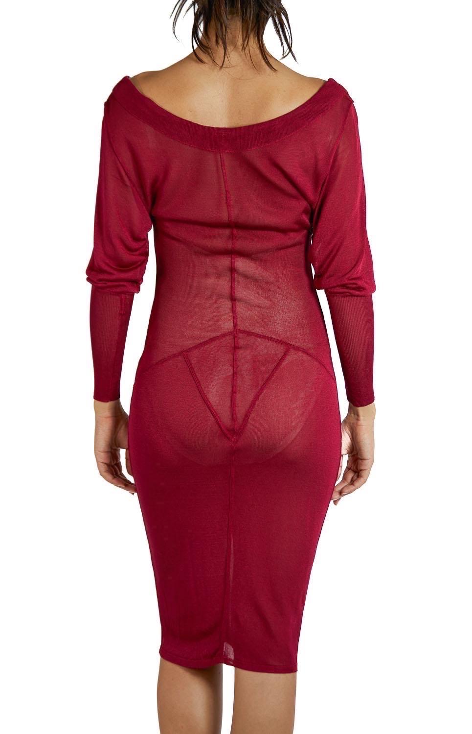 1980er Jahre AZZEDINE ALAIA Claret Rotes langärmeliges Kleid aus durchsichtiger Viskosemischungssstrick im Angebot 4