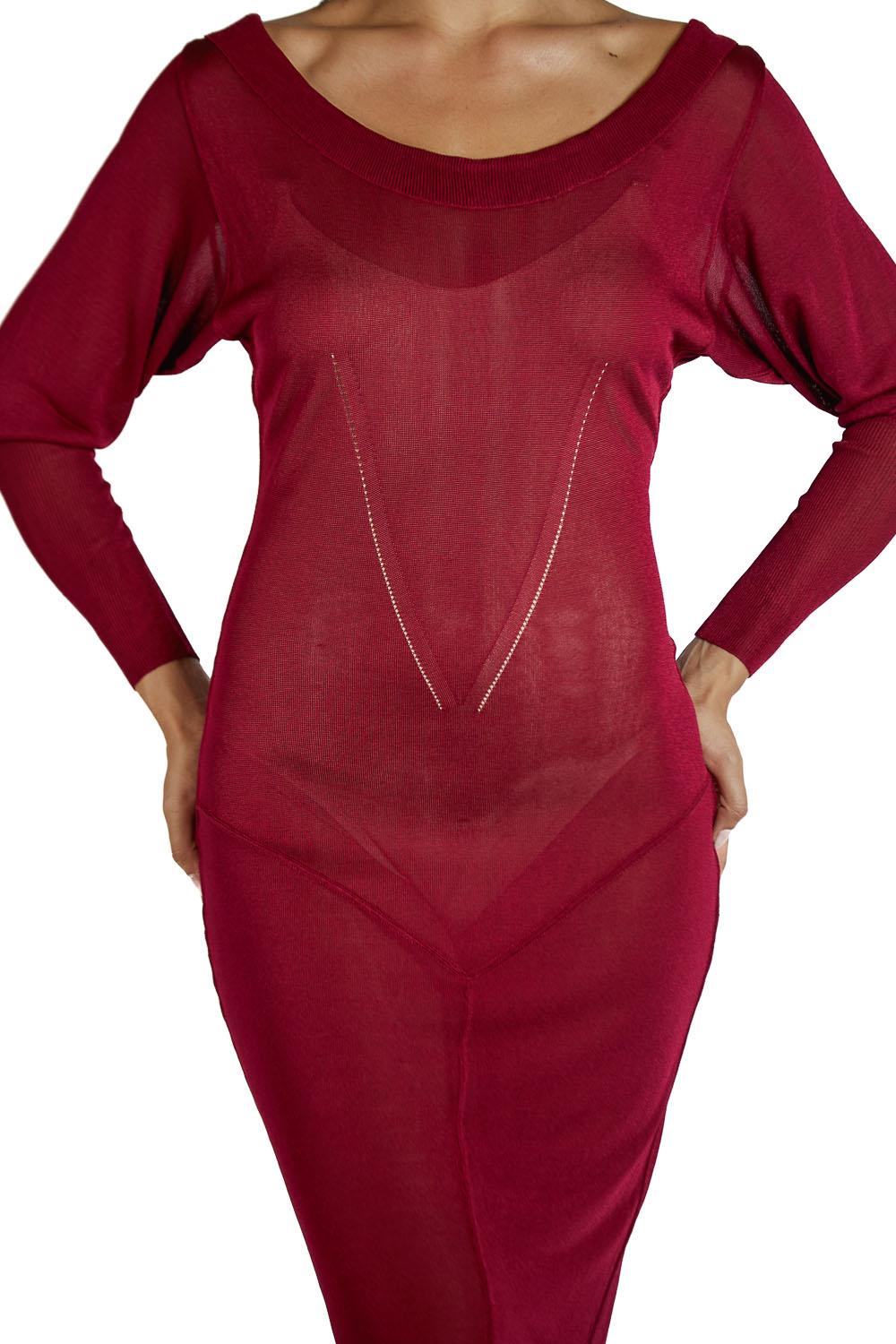 1980S AZZEDINE ALAIA Claret Red Sheer Rayon Blend Knit Long Sleeved Dress For Sale 5