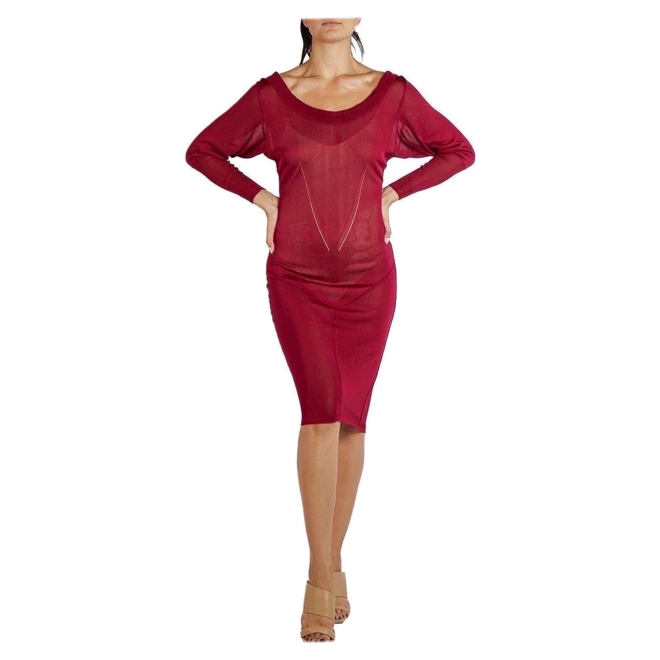 1980S AZZEDINE ALAIA Claret Red Sheer Rayon Blend Knit Long Sleeve Dress