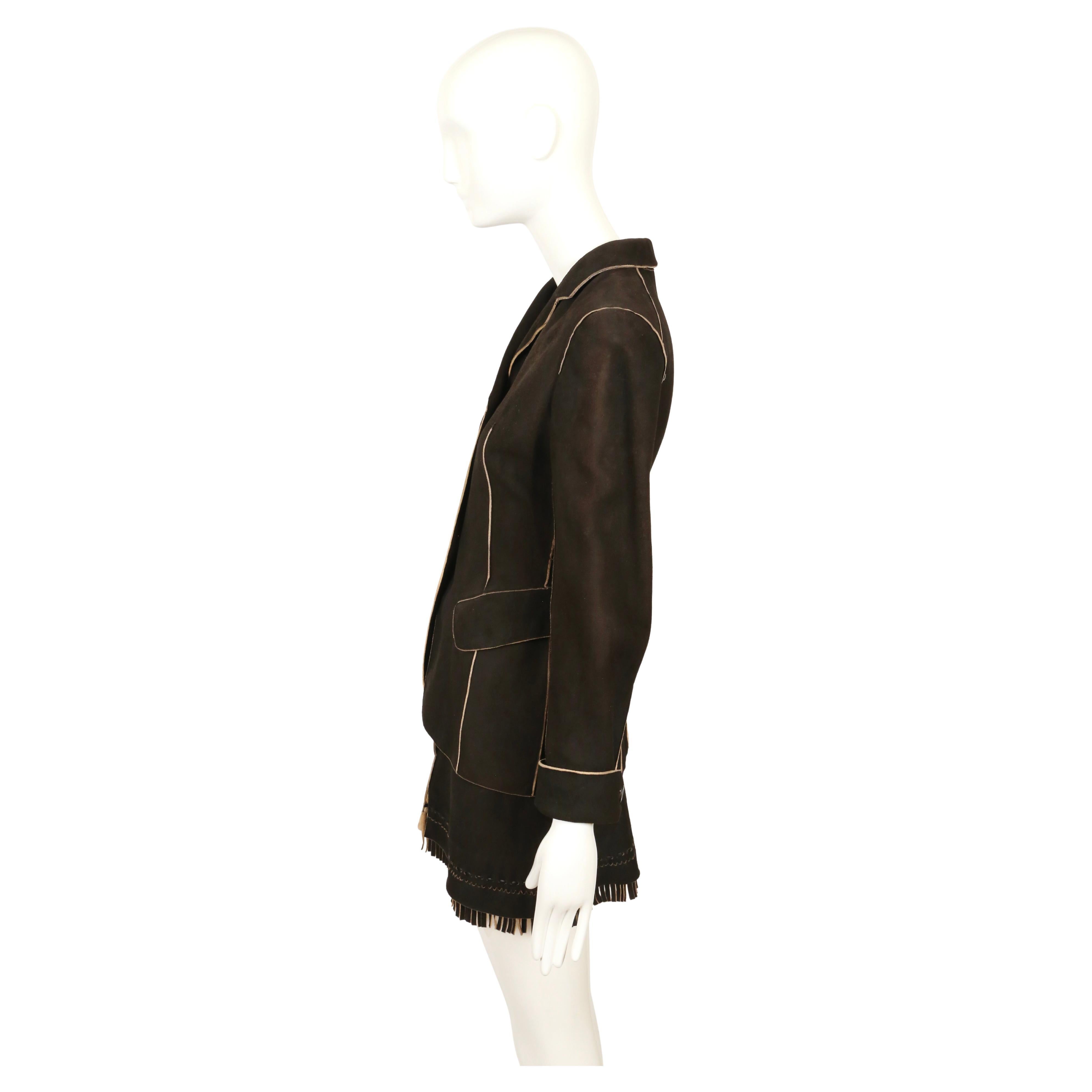 AZZEDINE ALAIA anni '80, giacca in pelle di cervo scamosciata marrone scuro e pantaloncini con frange in vendita 5