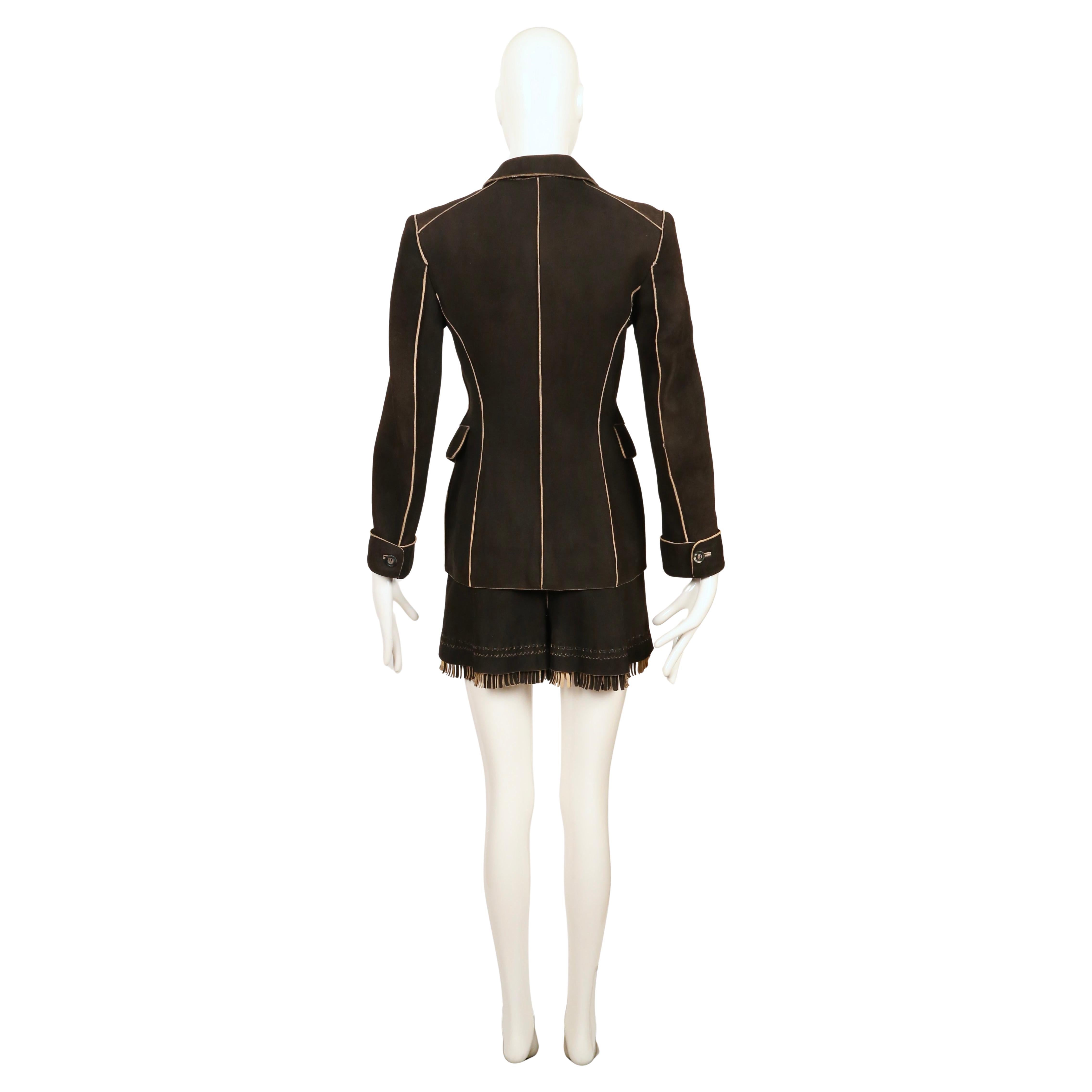 AZZEDINE ALAIA anni '80, giacca in pelle di cervo scamosciata marrone scuro e pantaloncini con frange in vendita 6
