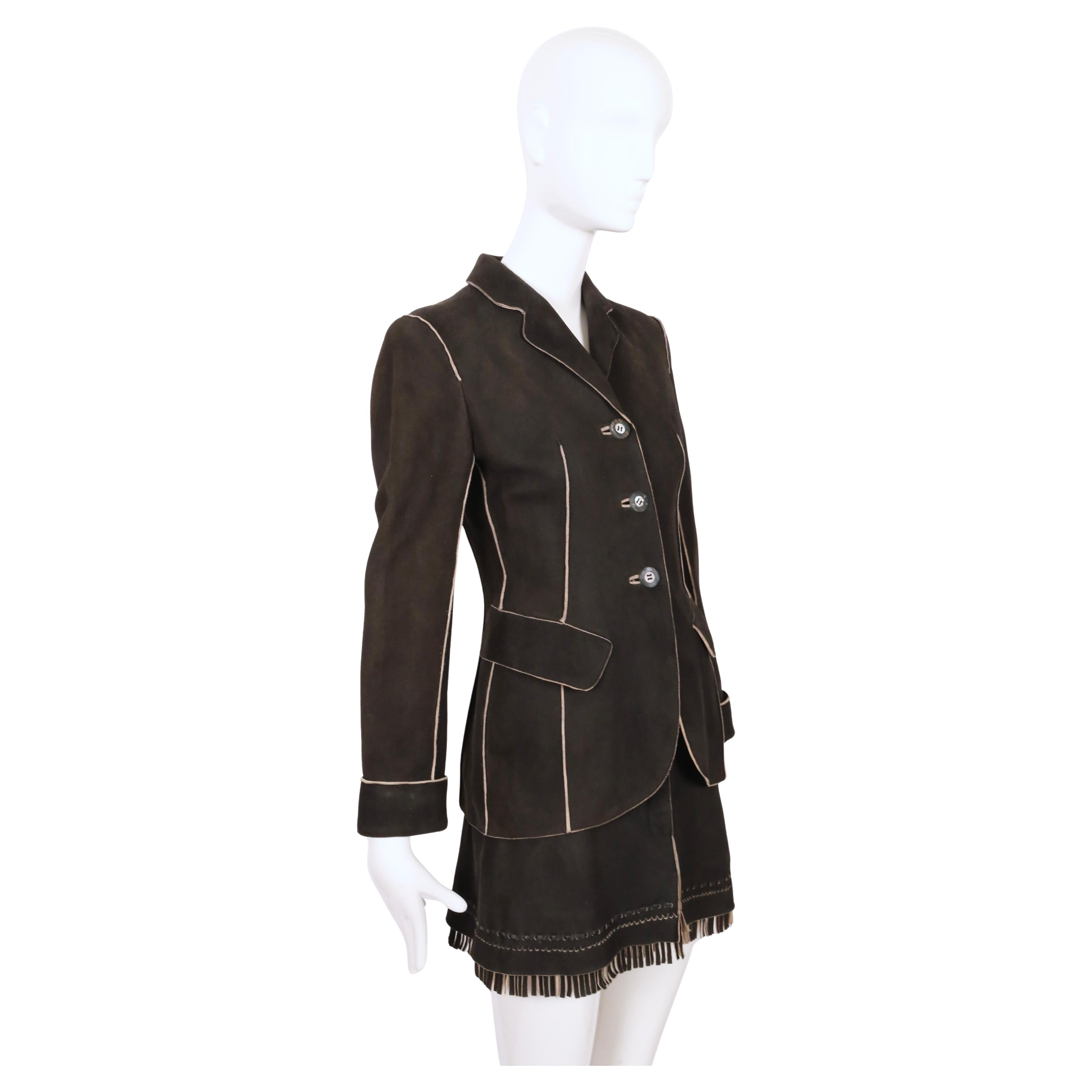AZZEDINE ALAIA anni '80, giacca in pelle di cervo scamosciata marrone scuro e pantaloncini con frange In condizioni buone in vendita a San Fransisco, CA