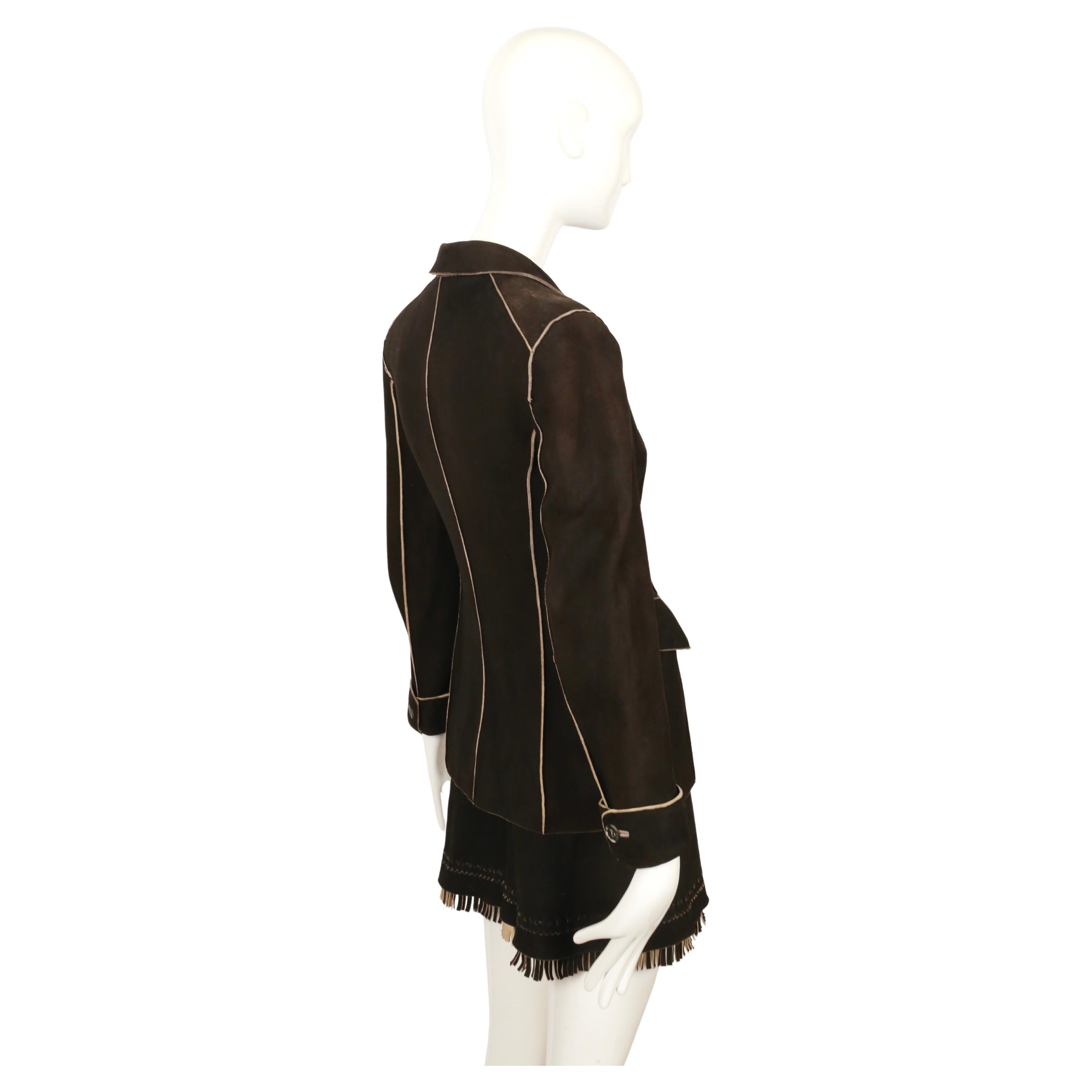 AZZEDINE ALAIA anni '80, giacca in pelle di cervo scamosciata marrone scuro e pantaloncini con frange in vendita 2