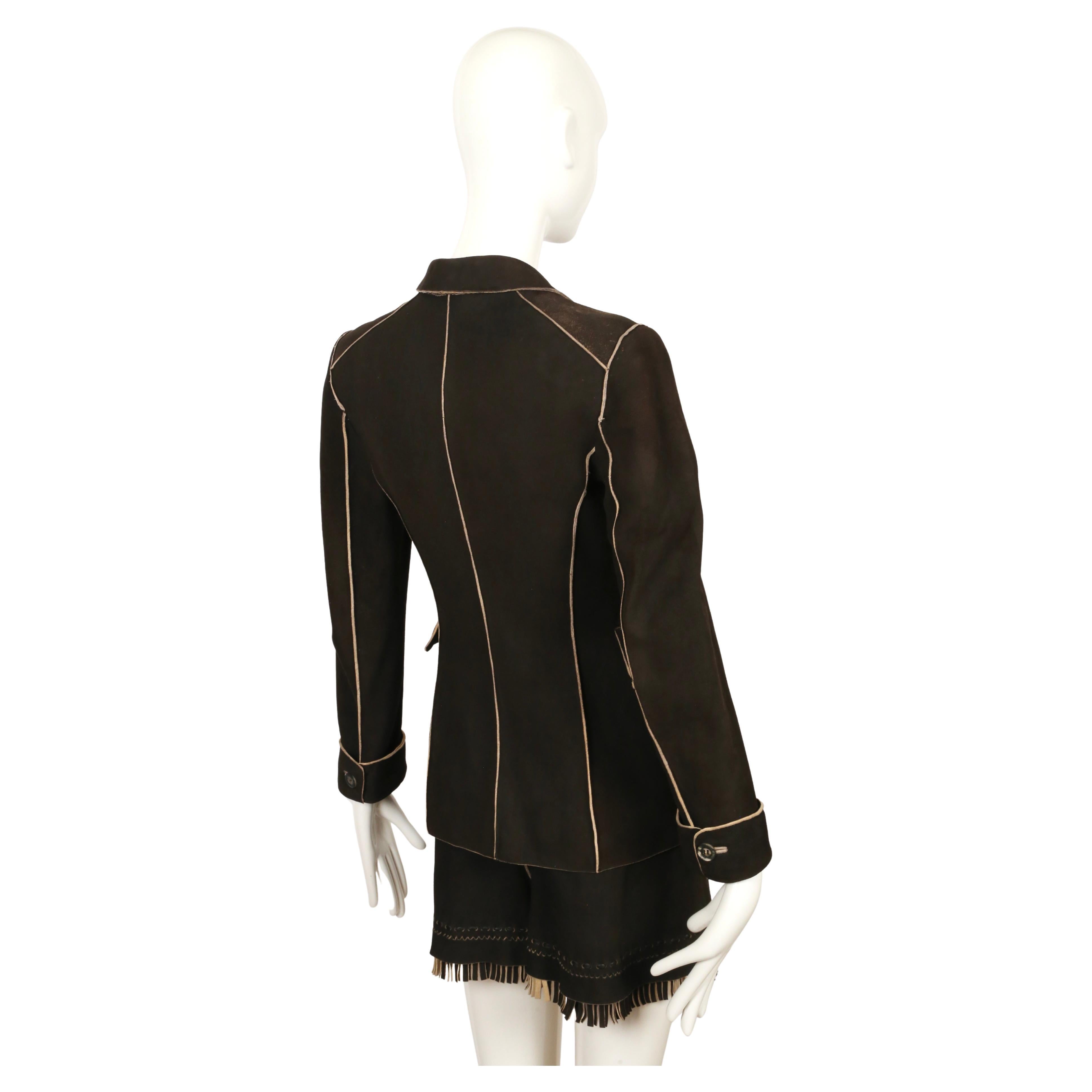 AZZEDINE ALAIA anni '80, giacca in pelle di cervo scamosciata marrone scuro e pantaloncini con frange in vendita 3