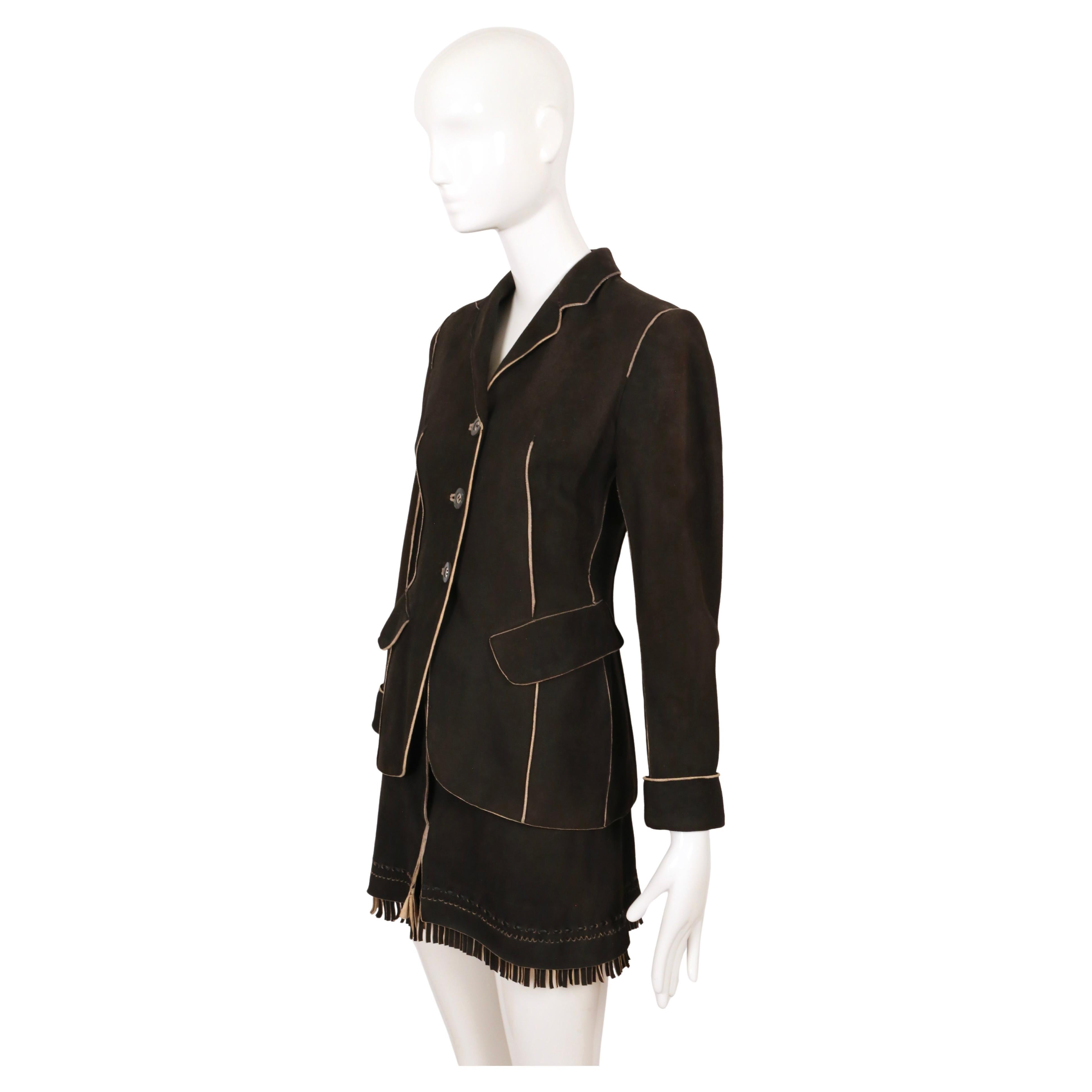 AZZEDINE ALAIA anni '80, giacca in pelle di cervo scamosciata marrone scuro e pantaloncini con frange in vendita 4