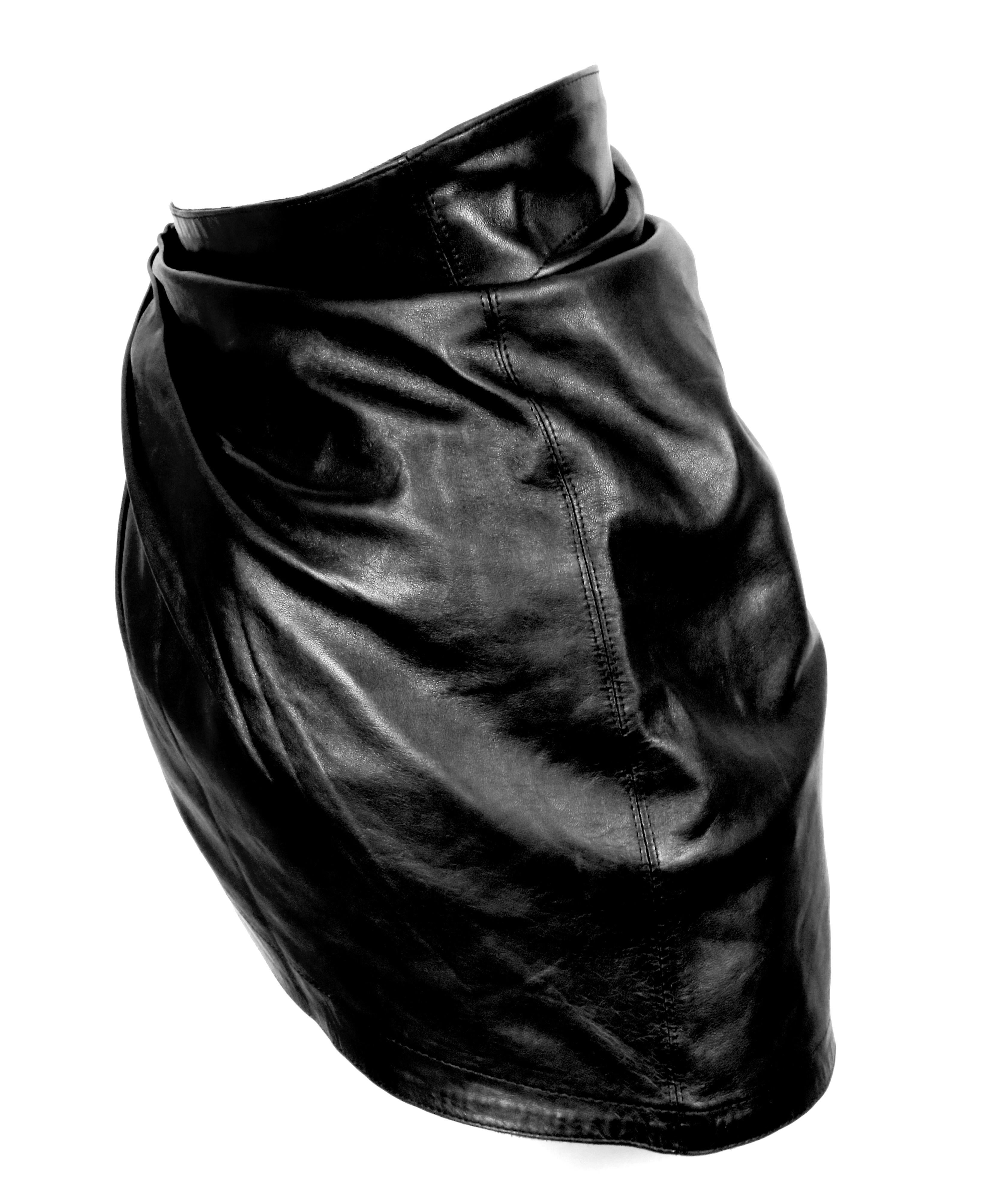 Black 1980's AZZEDINE ALAIA draped black mini skirt with side buckle