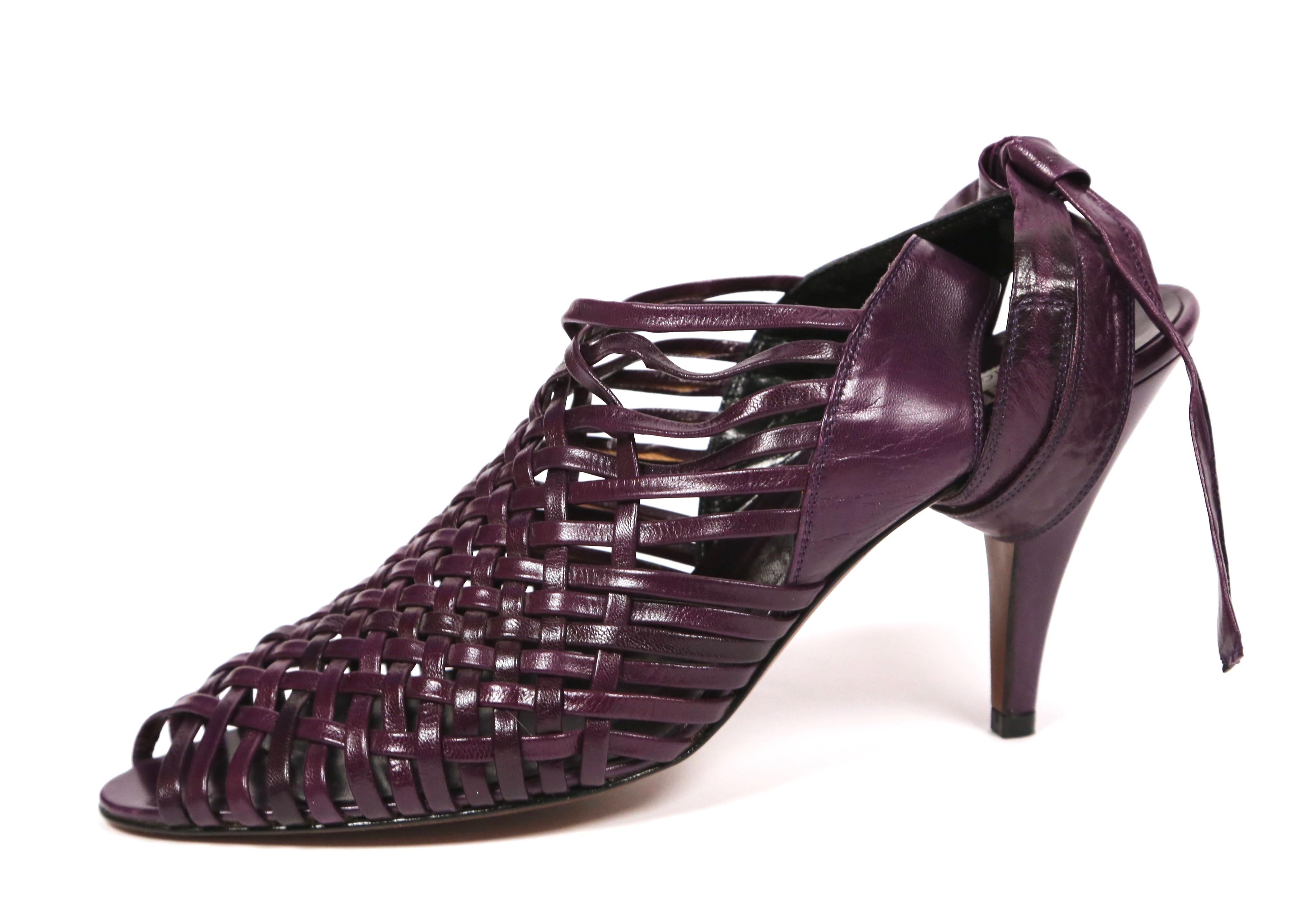 Purple, woven leather heels with ankle straps designed by Azzedine Alaia dating to the 1980's. French size 41. Insoles measure approximately: 10.75