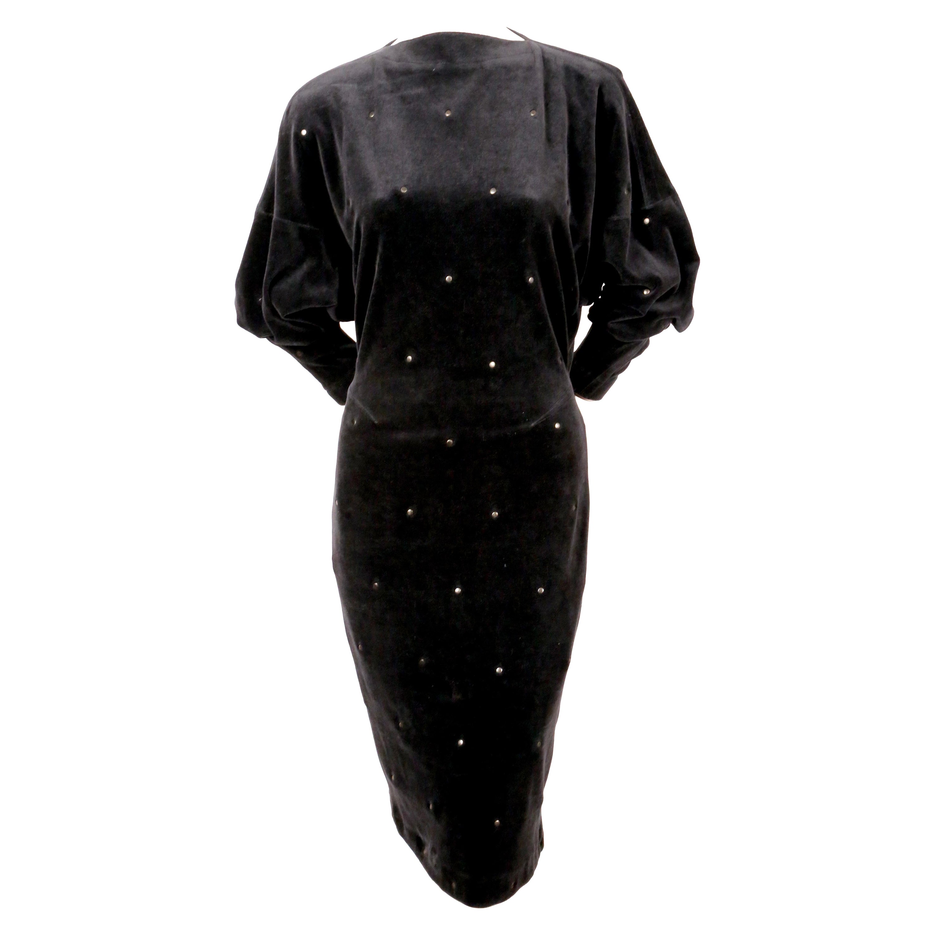 1980's AZZEDLINE ALAIA black velour dress with studs For Sale