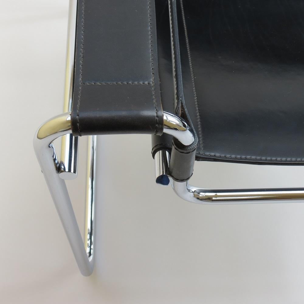 Metal 1980s B3 Wassily Chair Black Leather Marcel Breuer for Fasem, Italy, Bauhaus B