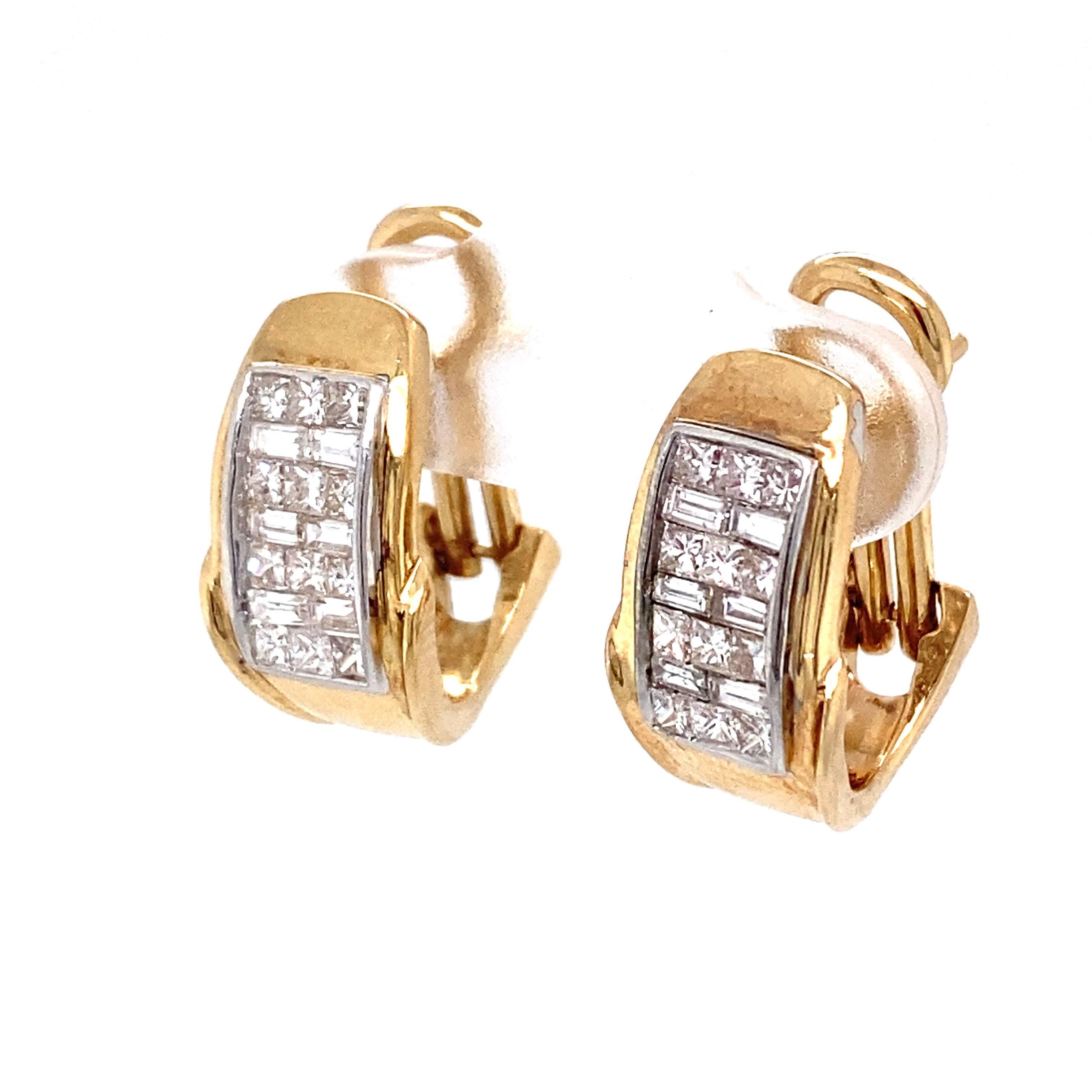 Women's 1980s Baguette and Princess Cut Diamond Earrings in 14 Karat Gold For Sale