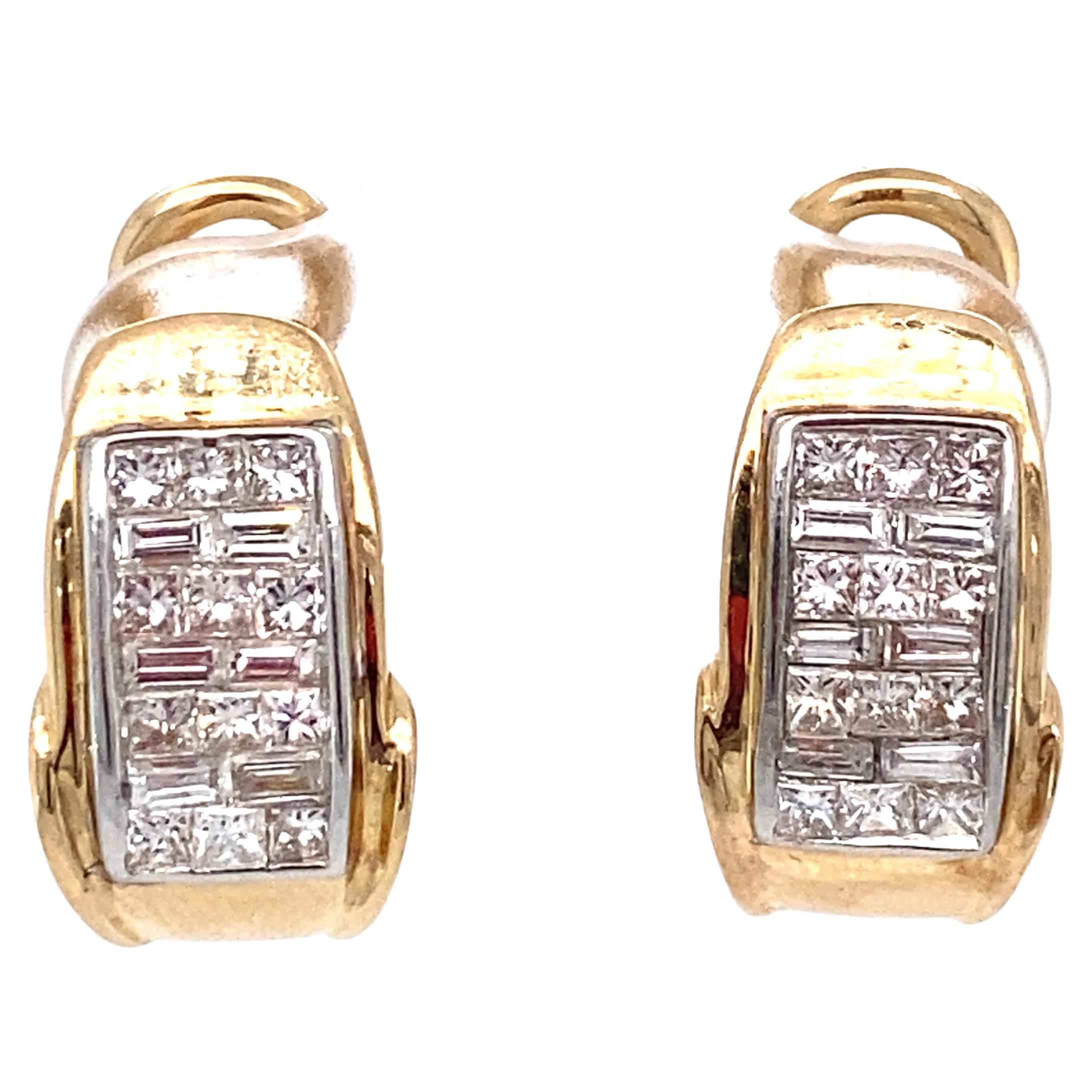 1980s Baguette and Princess Cut Diamond Earrings in 14 Karat Gold For Sale