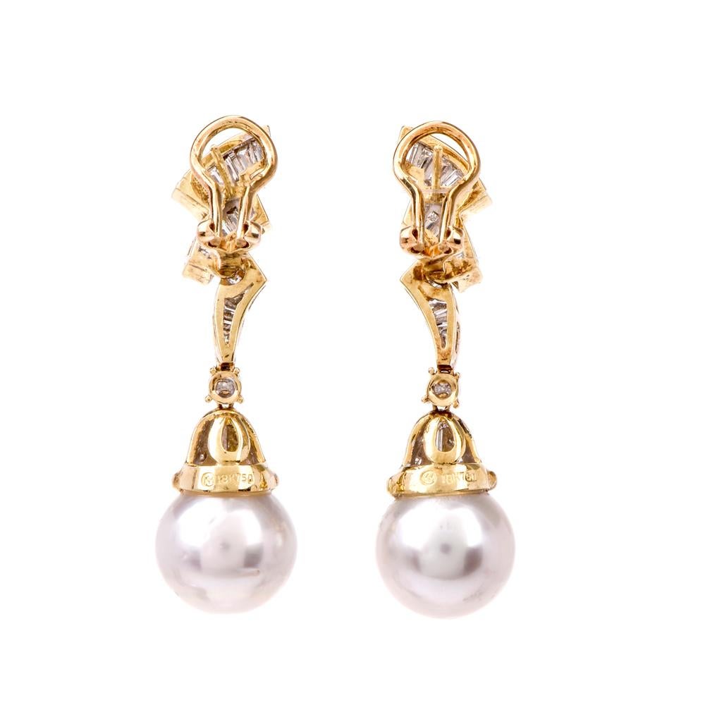 Women's 1980s Baguette Diamond Pearl Gold Pendant Drop Dangle Earrings