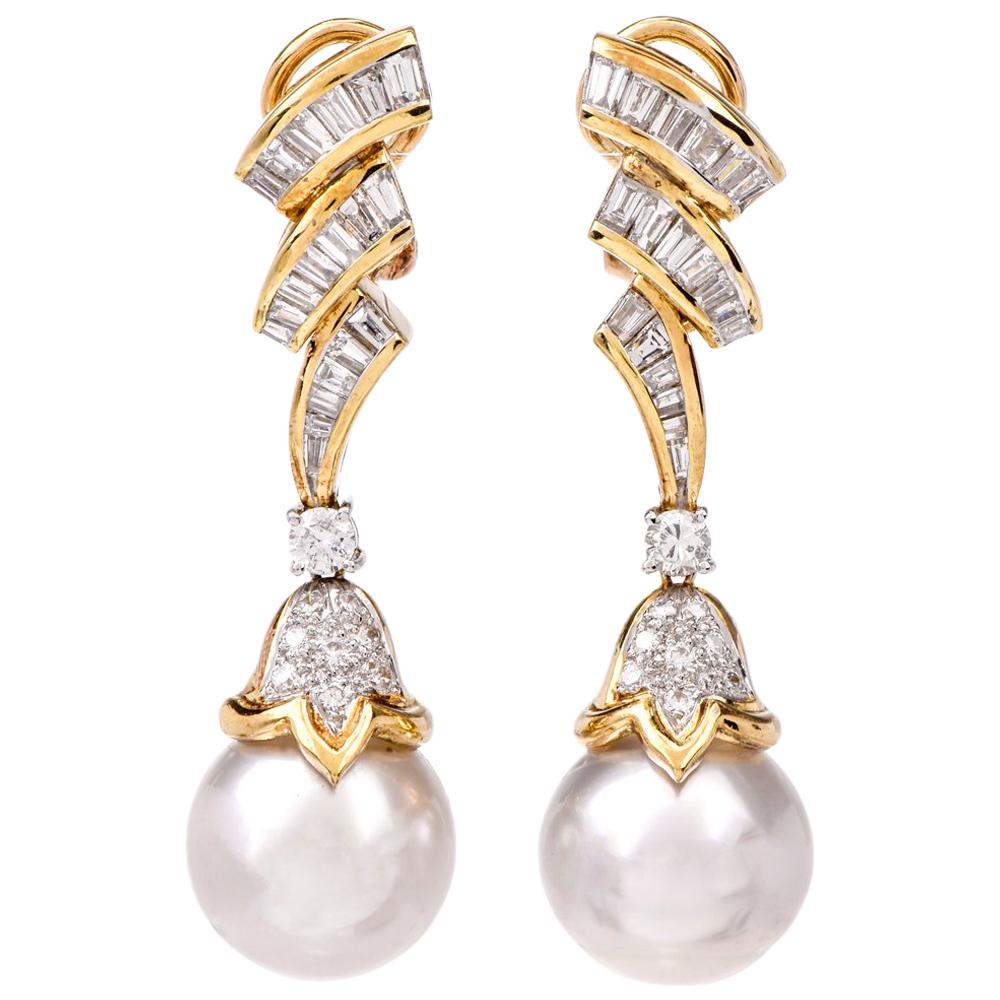 1980s Baguette Diamond Pearl Gold Pendant Drop Dangle Earrings
