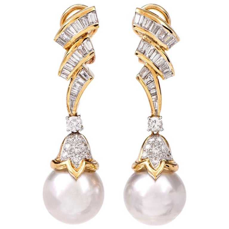 1980s Baguette Diamond Pearl Gold Pendant Drop Dangle Earrings at 1stDibs