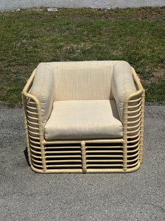1980s Baker Sculptural Rattan Beige Upholstered Club Chair