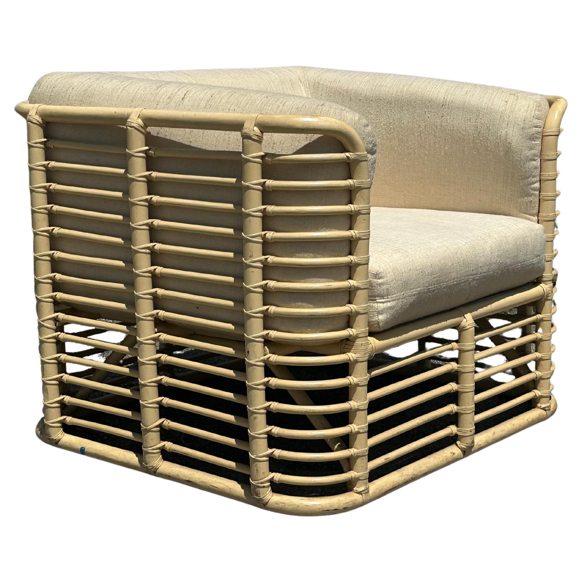 1980s Baker Sculptural Rattan Beige Upholstered Club Chair