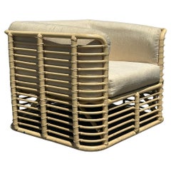 1980s Baker Sculptural Rattan Beige Upholstered Club Chair