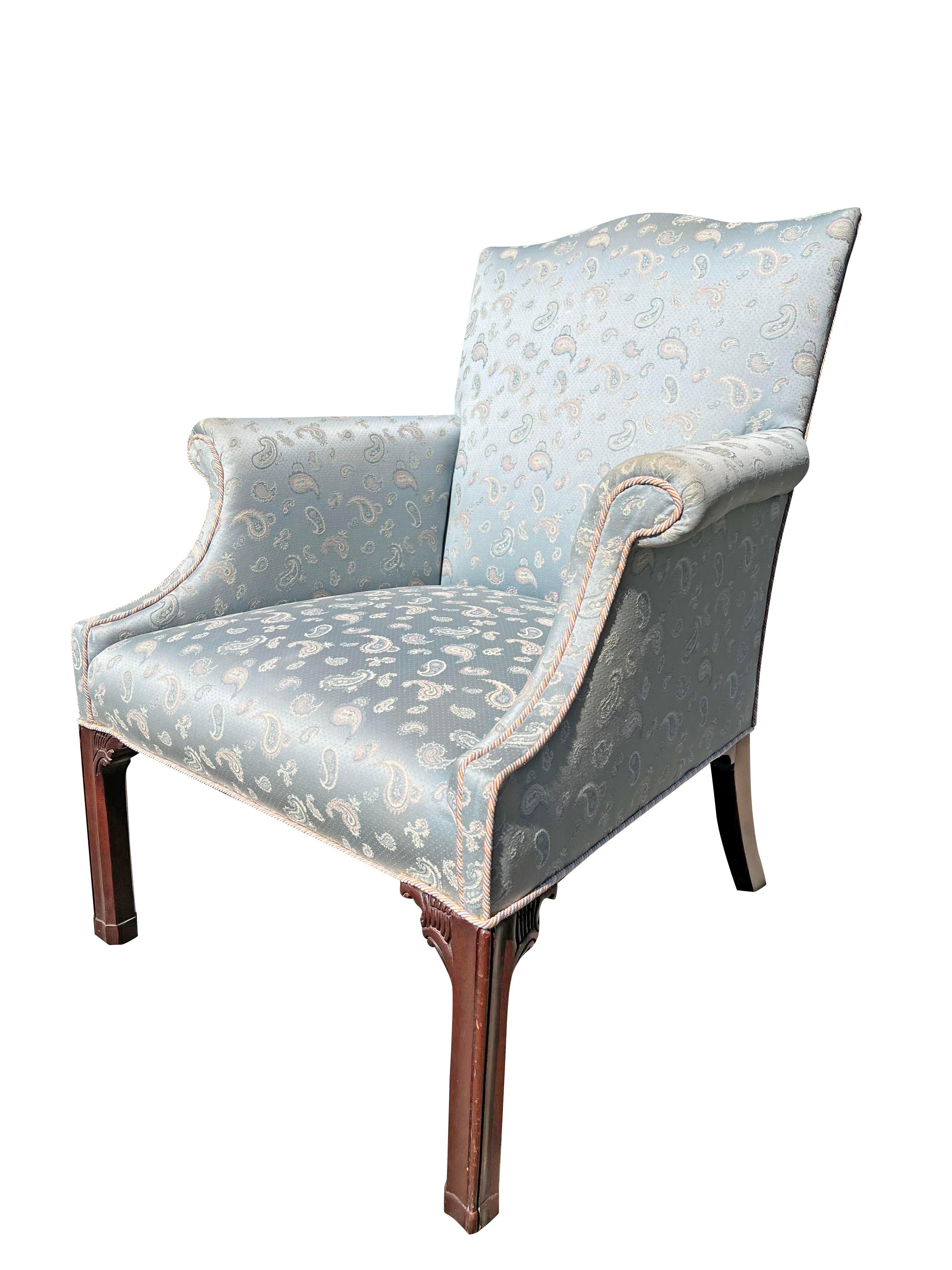 American 1980s Baker Style Traditional Vintage Accent Side Chair Blue Paisley Upholstery