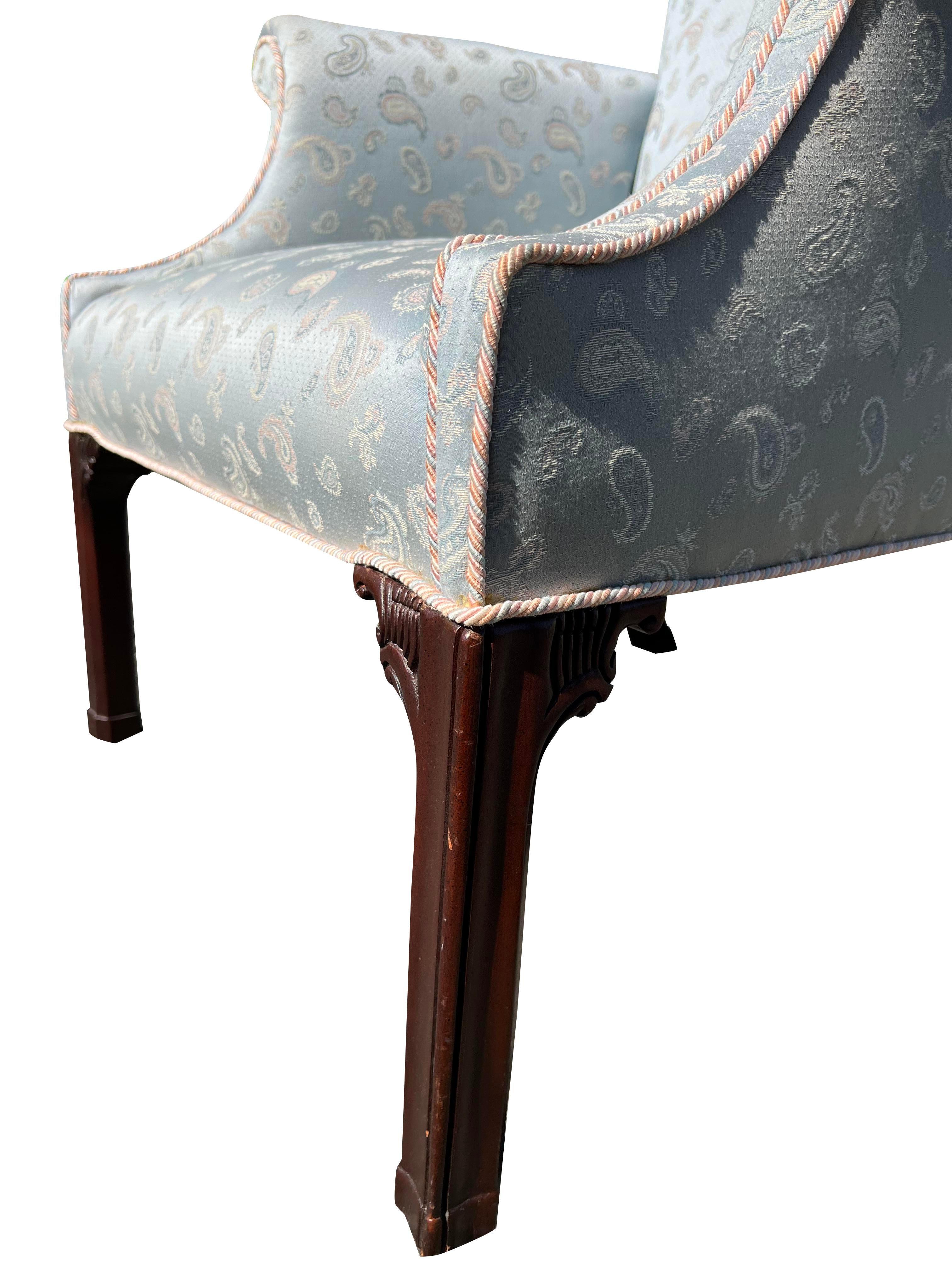 1980s Baker Style Traditional Vintage Accent Side Chair Blue Paisley Upholstery 2
