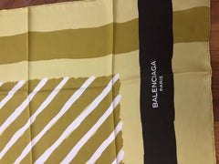 1980s Balenciaga Mustard Yellow/Acid Green Silk Scarf 30.5x29.5