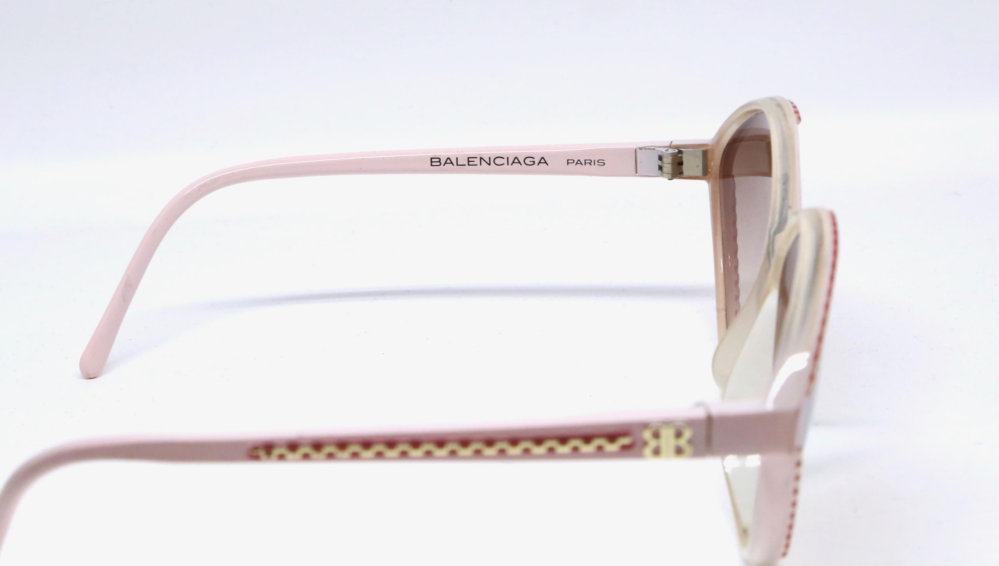Women's or Men's 1980's BALENCIAGA pink and burgundy plastic sunglasses with gold accents