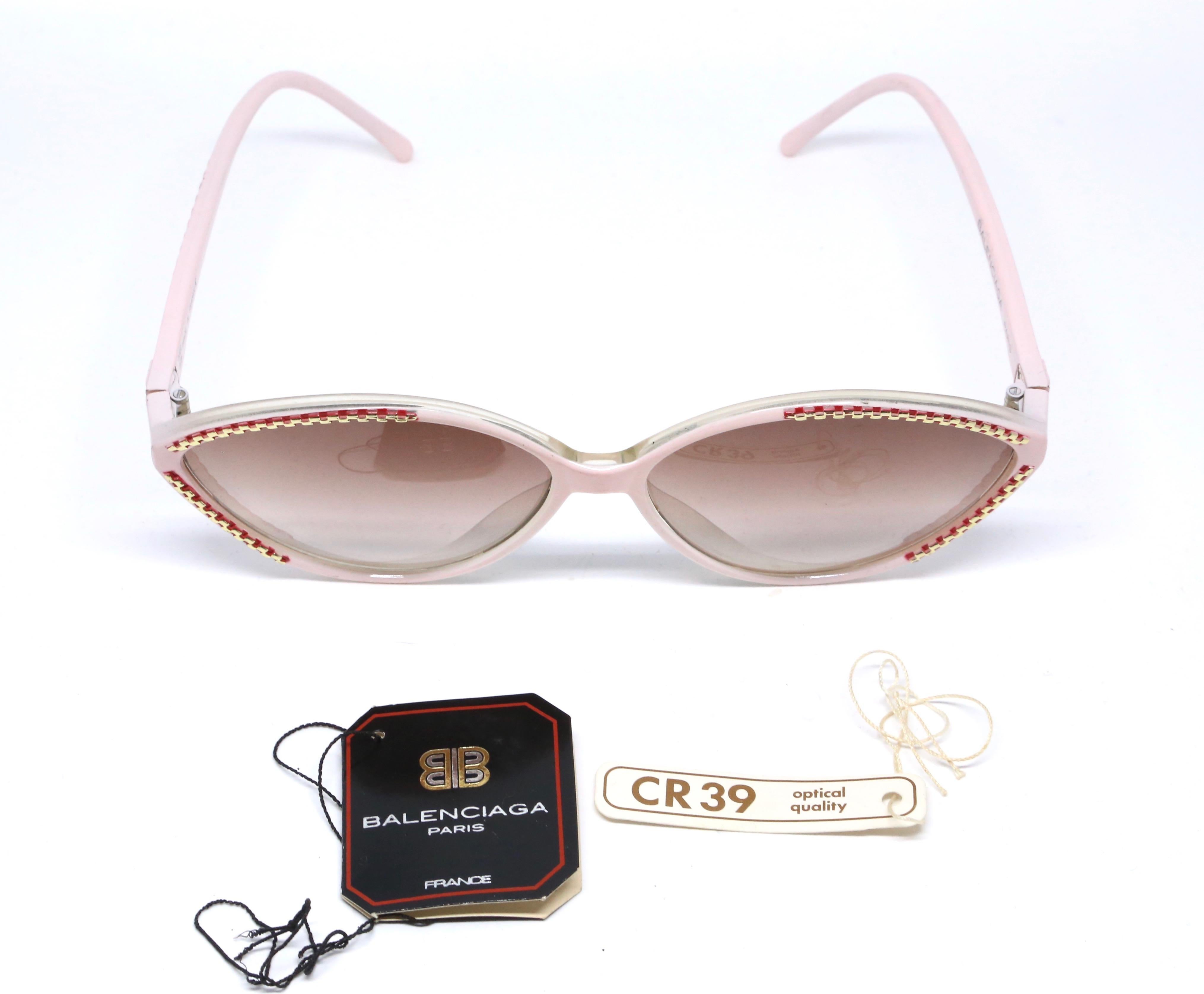 1980's BALENCIAGA pink and burgundy plastic sunglasses with gold accents 1