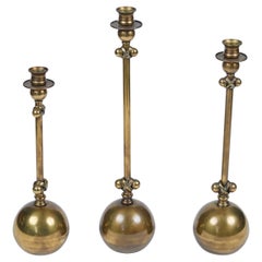 1980's Ball Based Brass Candlesticks Attributed to Chapman Set of 3