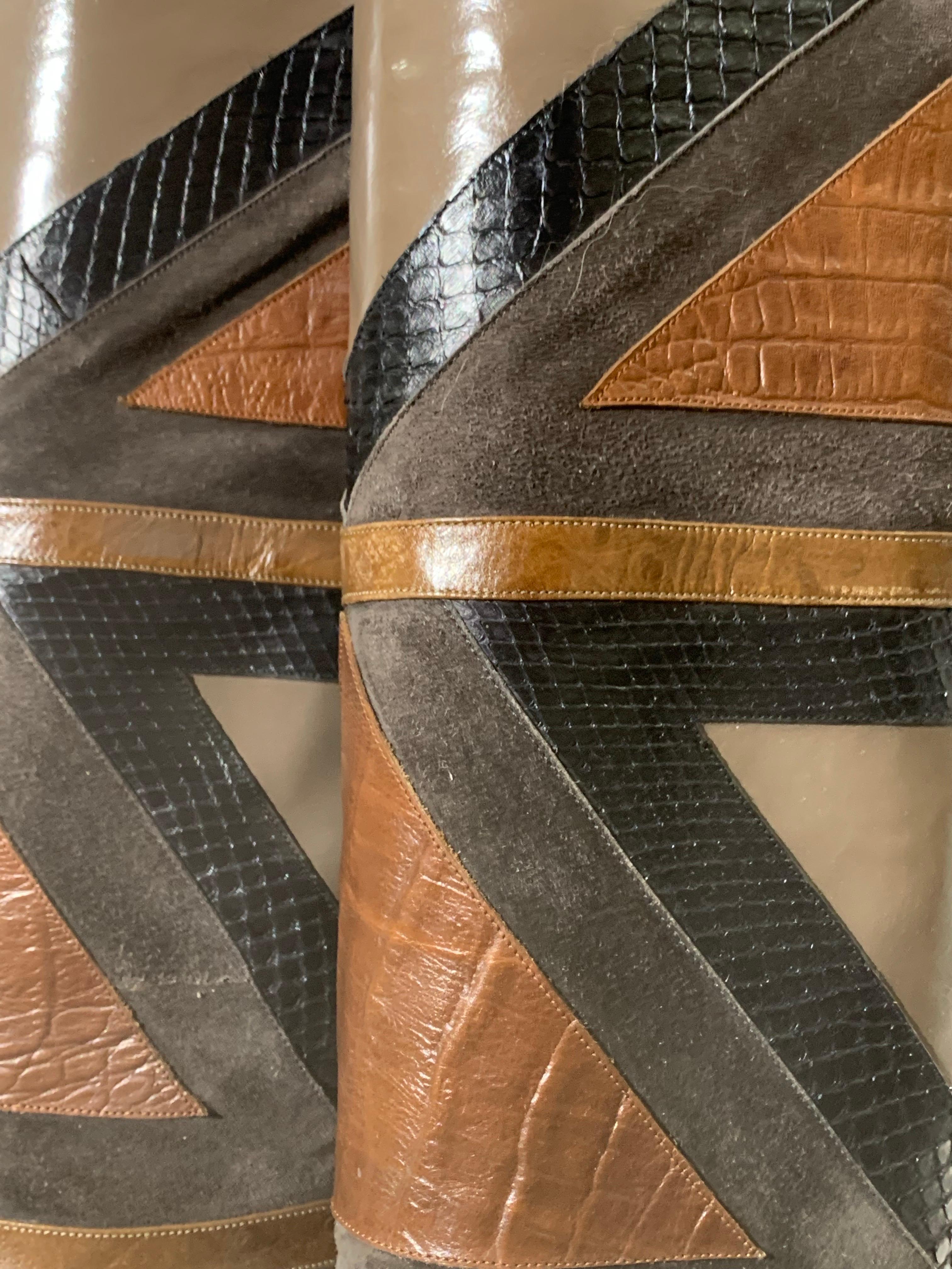 1980s Bally Snakeskin & Lizard Geometric Patchwork Boots For Sale 8