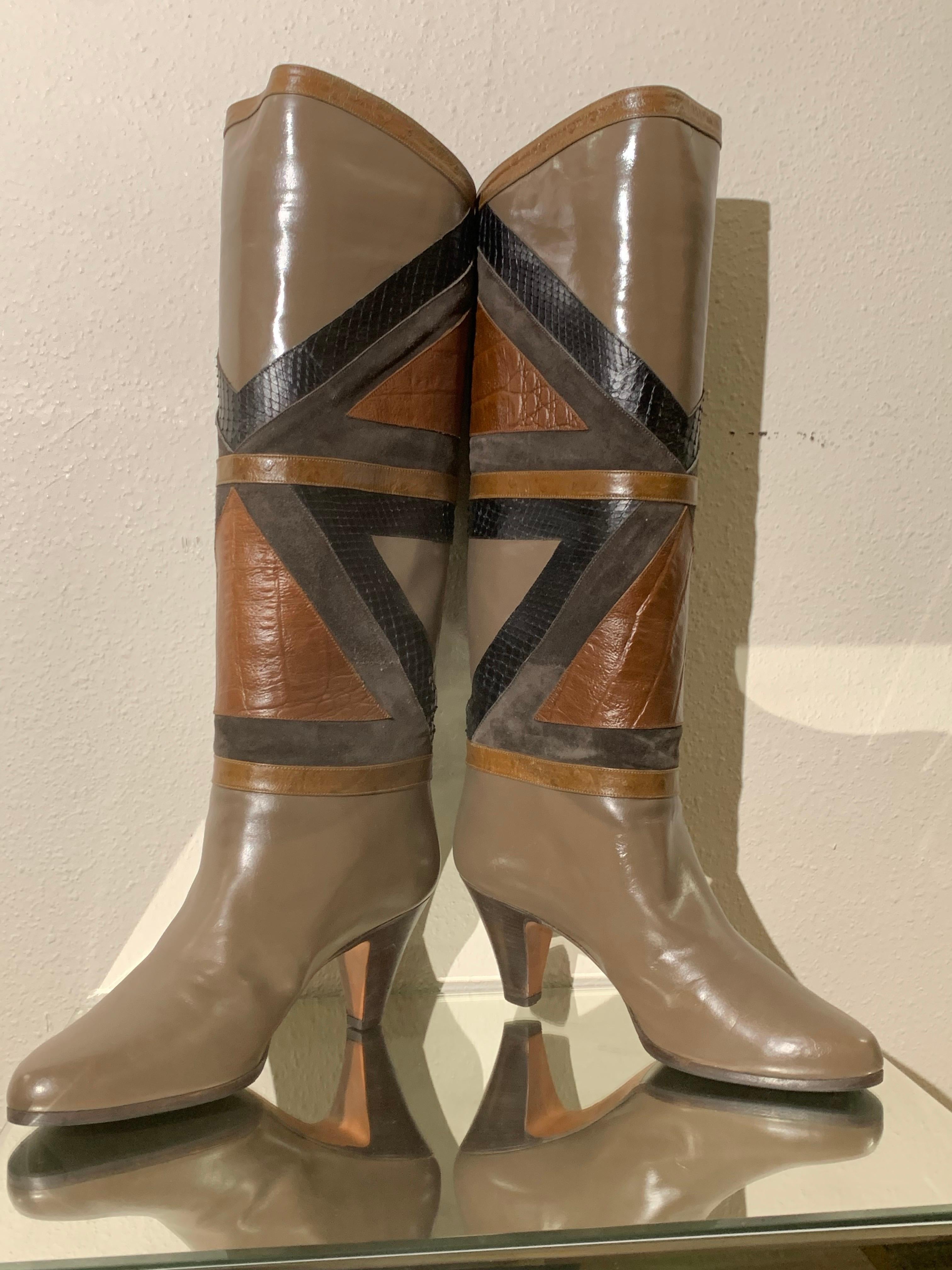 1980s Bally Snakeskin & Lizard Geometric Patchwork Boots For Sale 10