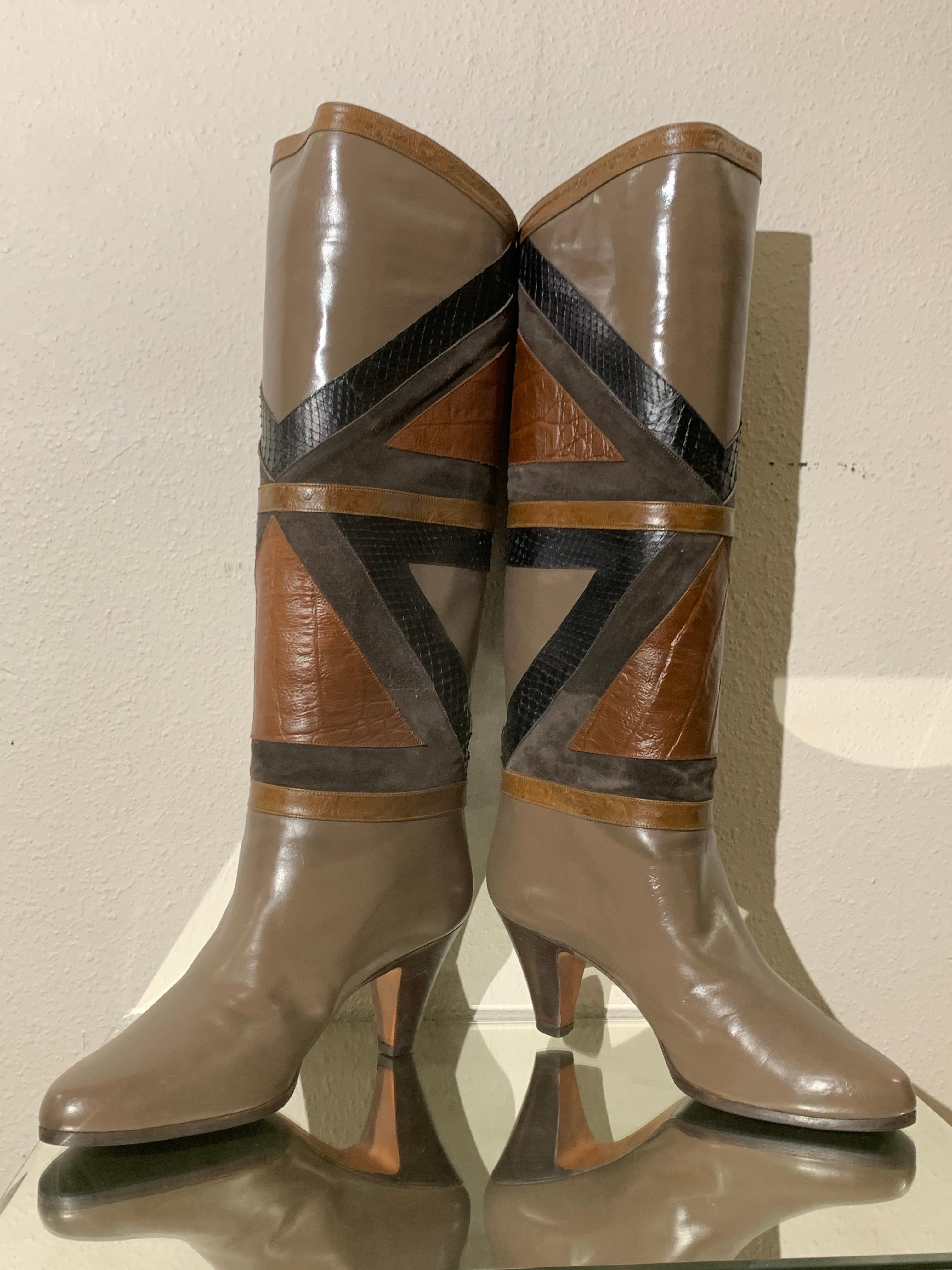 1980s Bally Snakeskin & Lizard Geometric Patchwork Boots For Sale 11