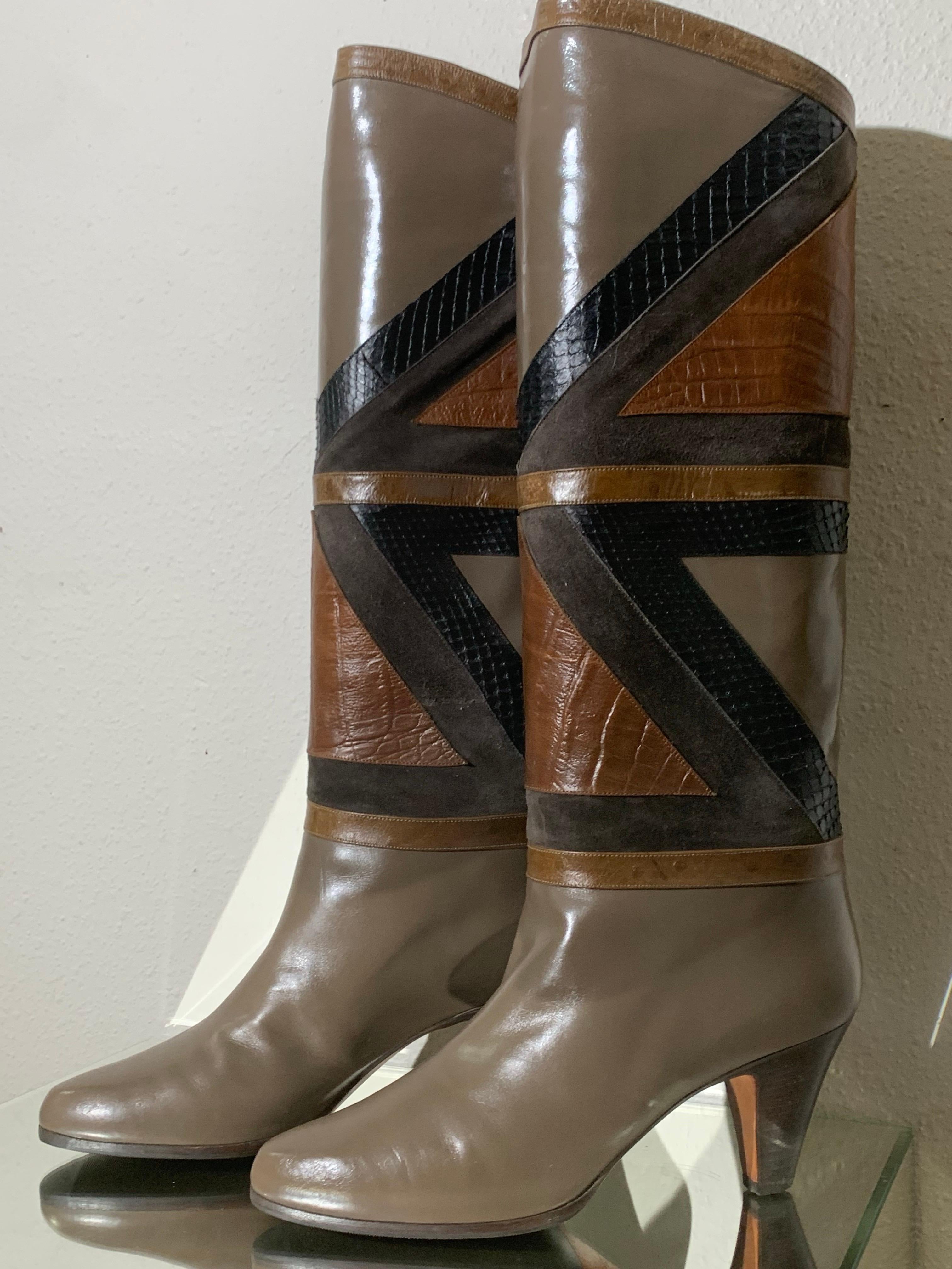1980s Bally Snakeskin and Lizard Geometric Patchwork Boots:  Mid-height chunky heel with taupe, brown, gray, and black geometric diamond patterned leather and snake skin mid-calf height boots. US size 8.5 M  New-Never Worn. With pristine Vibram