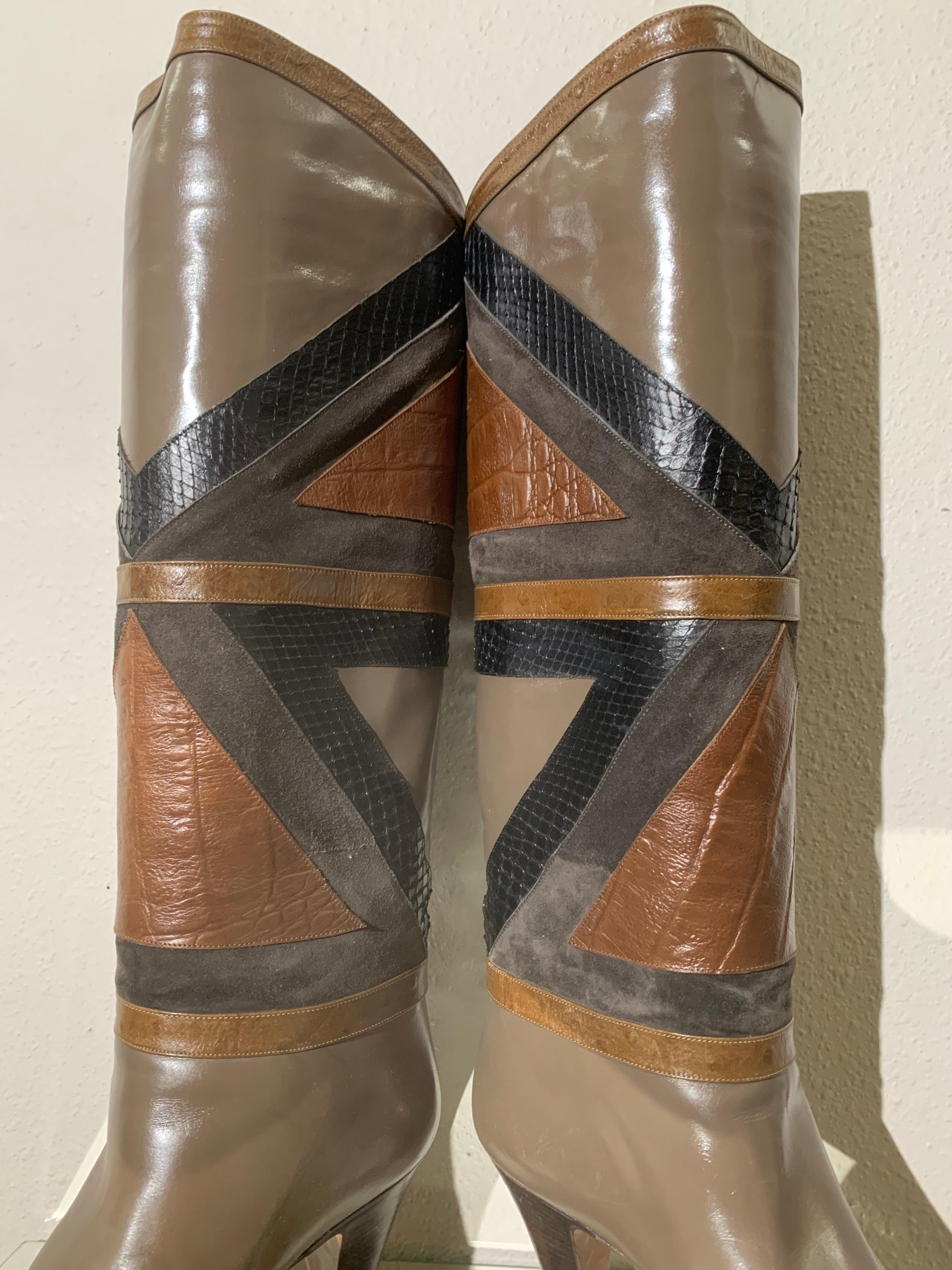 Brown 1980s Bally Snakeskin & Lizard Geometric Patchwork Boots For Sale