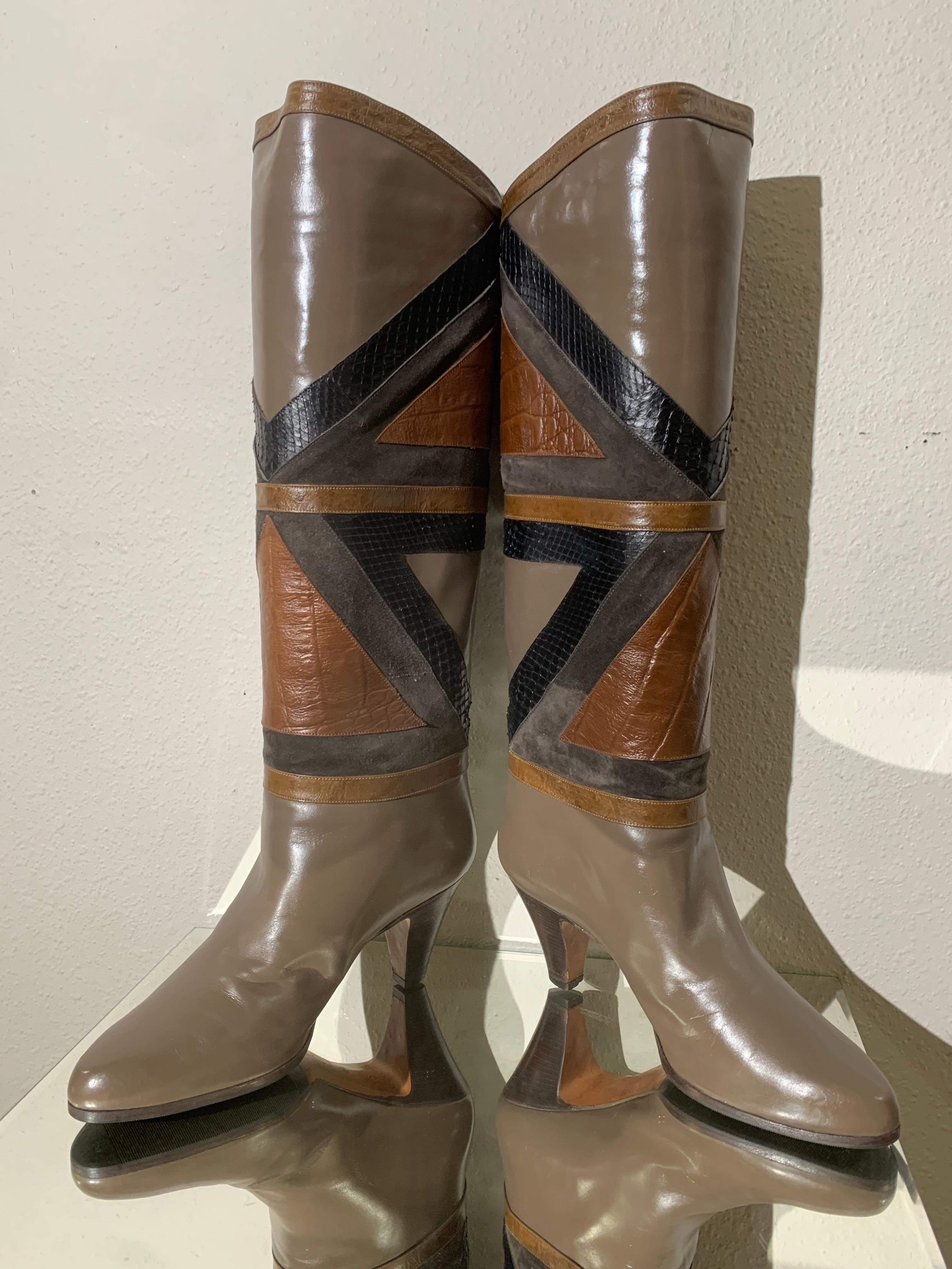 1980s Bally Snakeskin & Lizard Geometric Patchwork Boots In New Condition For Sale In Gresham, OR