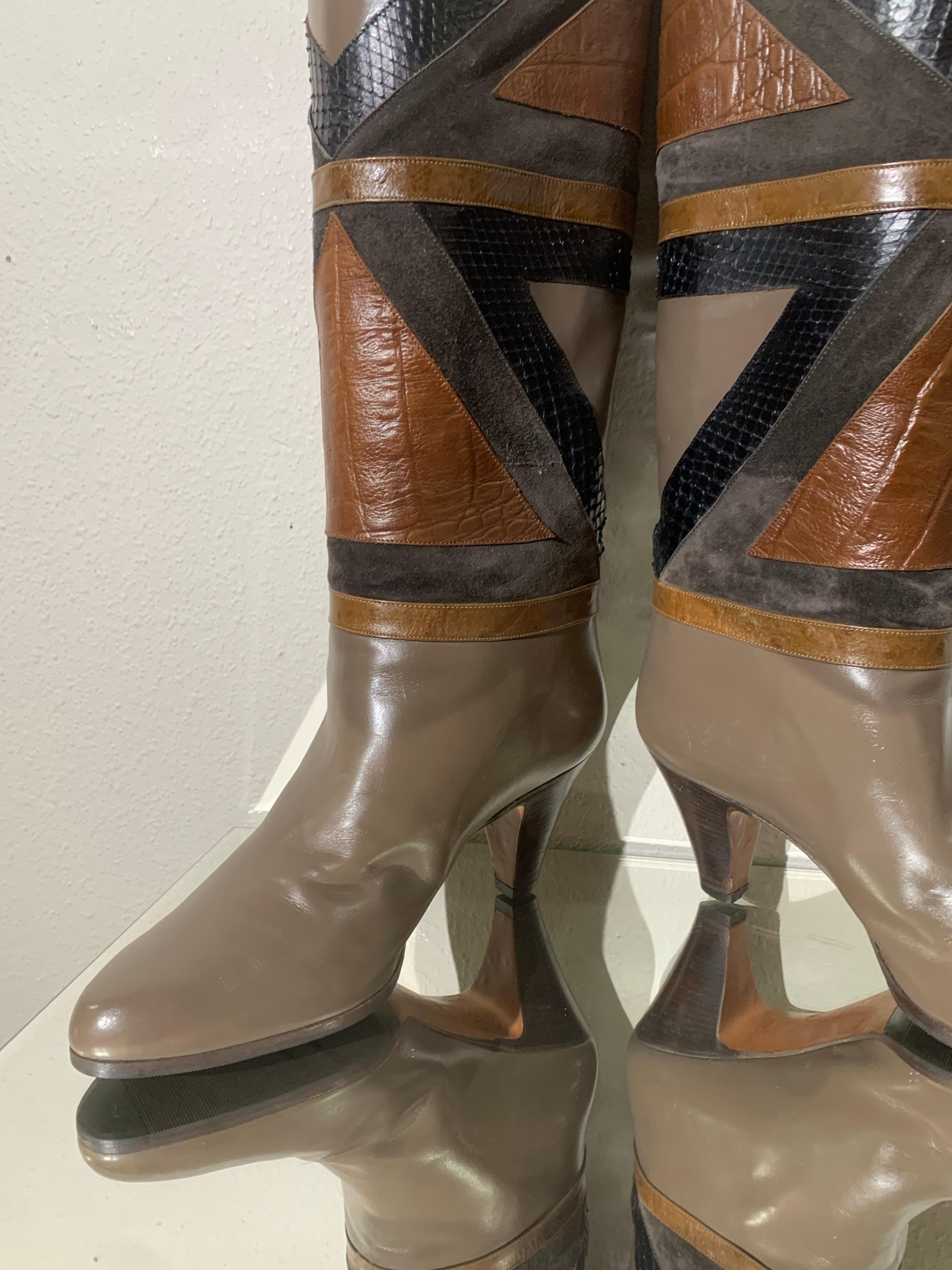 Women's 1980s Bally Snakeskin & Lizard Geometric Patchwork Boots For Sale