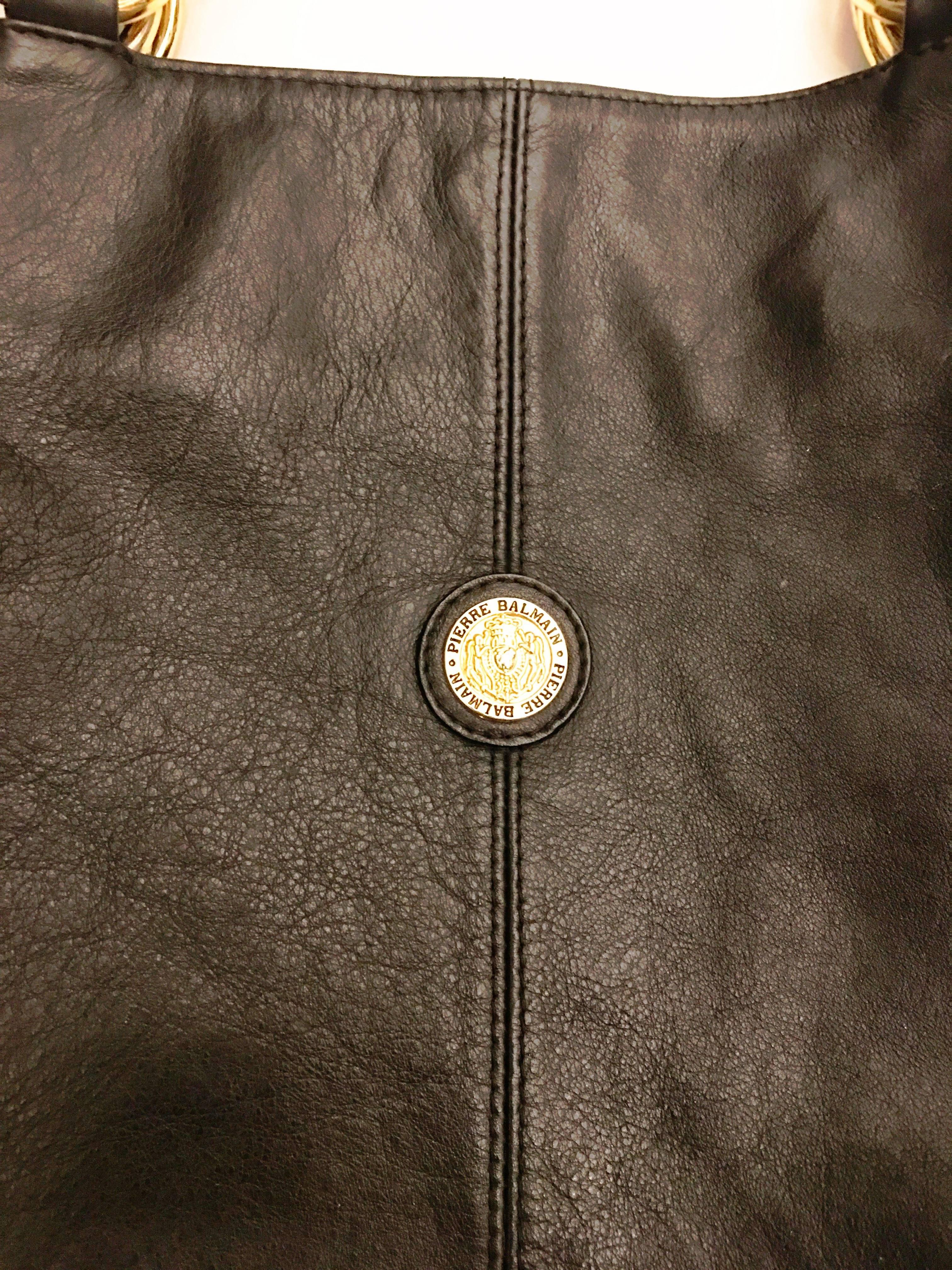 1980s Balmain Black Leather Gold Ring Tote  6