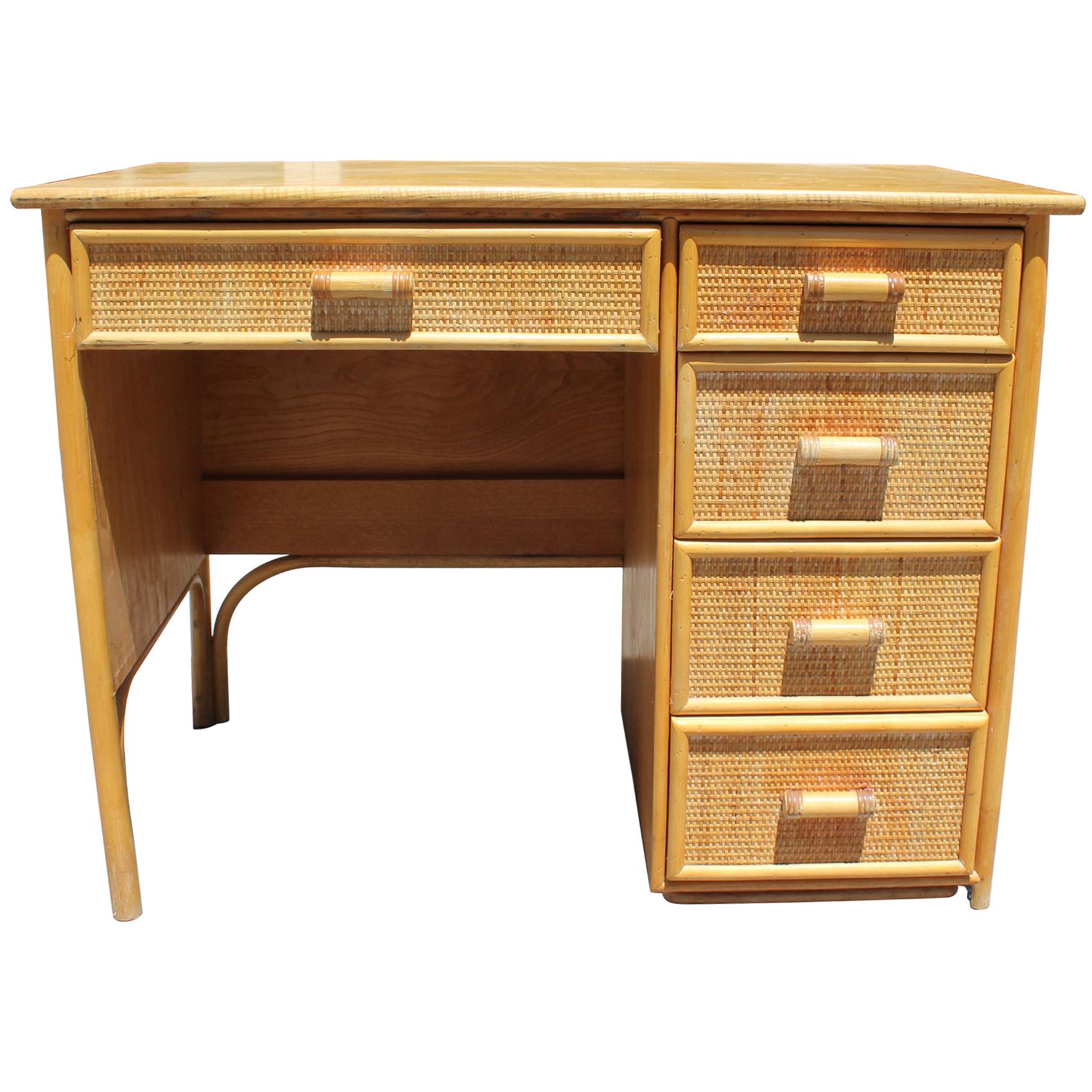 1980s Bamboo and Rattan Desk with Drawers For Sale