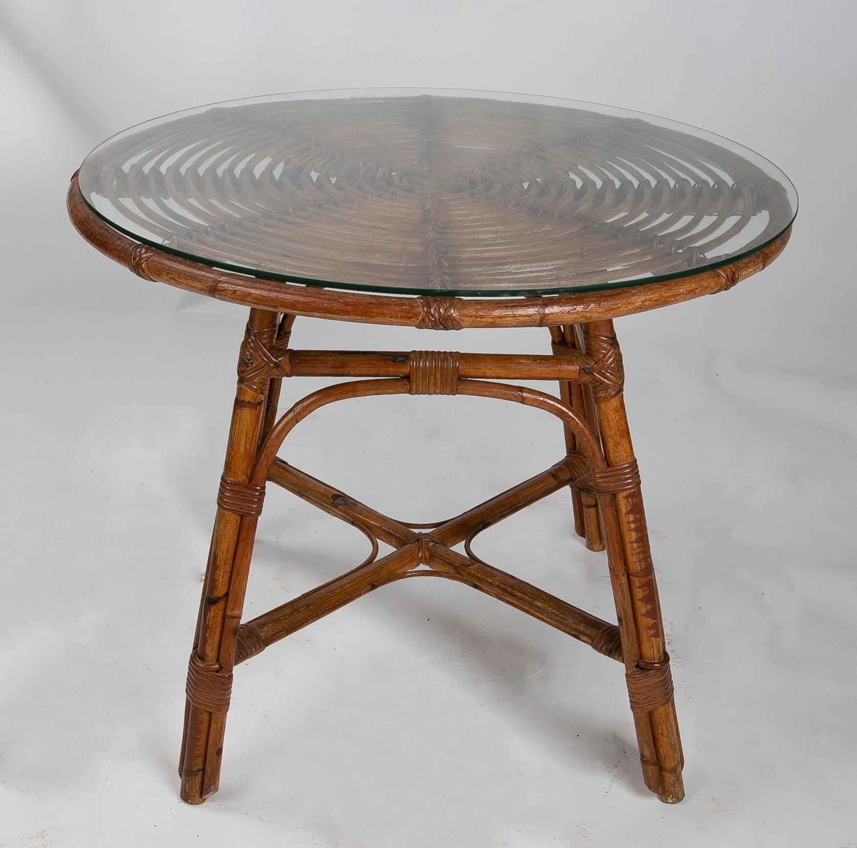 Runder Tisch und Stuhl aus Bambus und Korbgeflecht, 1980er Jahre  im Angebot 4