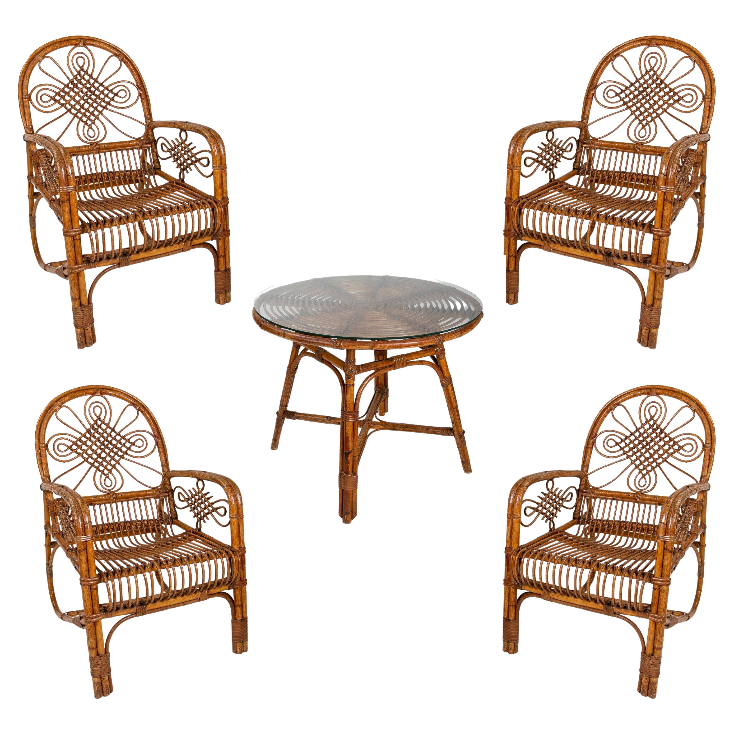 Ensemble table et chaises rondes en bambou et osier des années 1980 