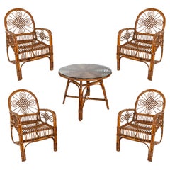 1980s Bamboo and Wicker Round Table and Chair Set