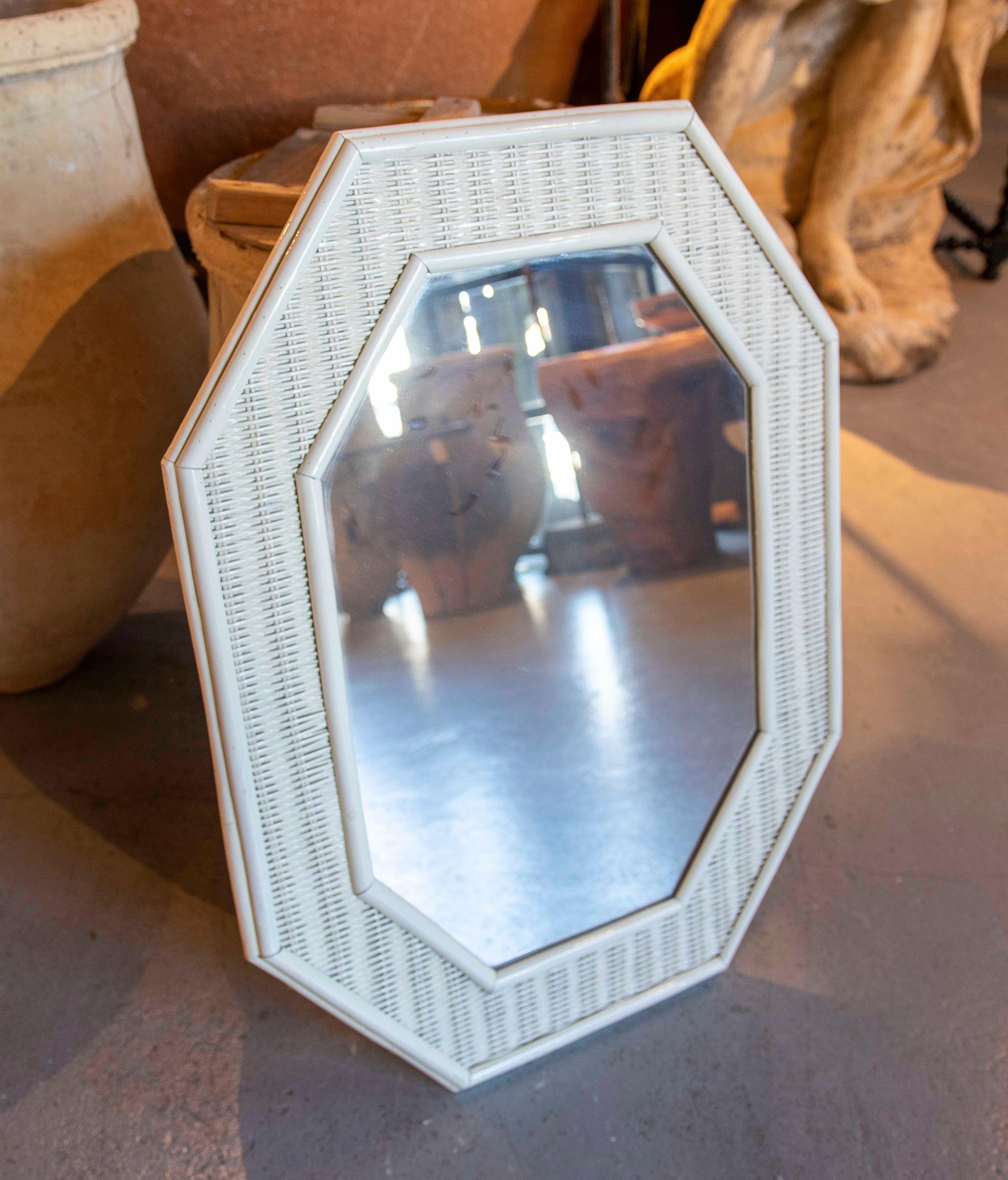 Spanish 1980s Bamboo and Wicker Wall Mirror Painted in White  For Sale