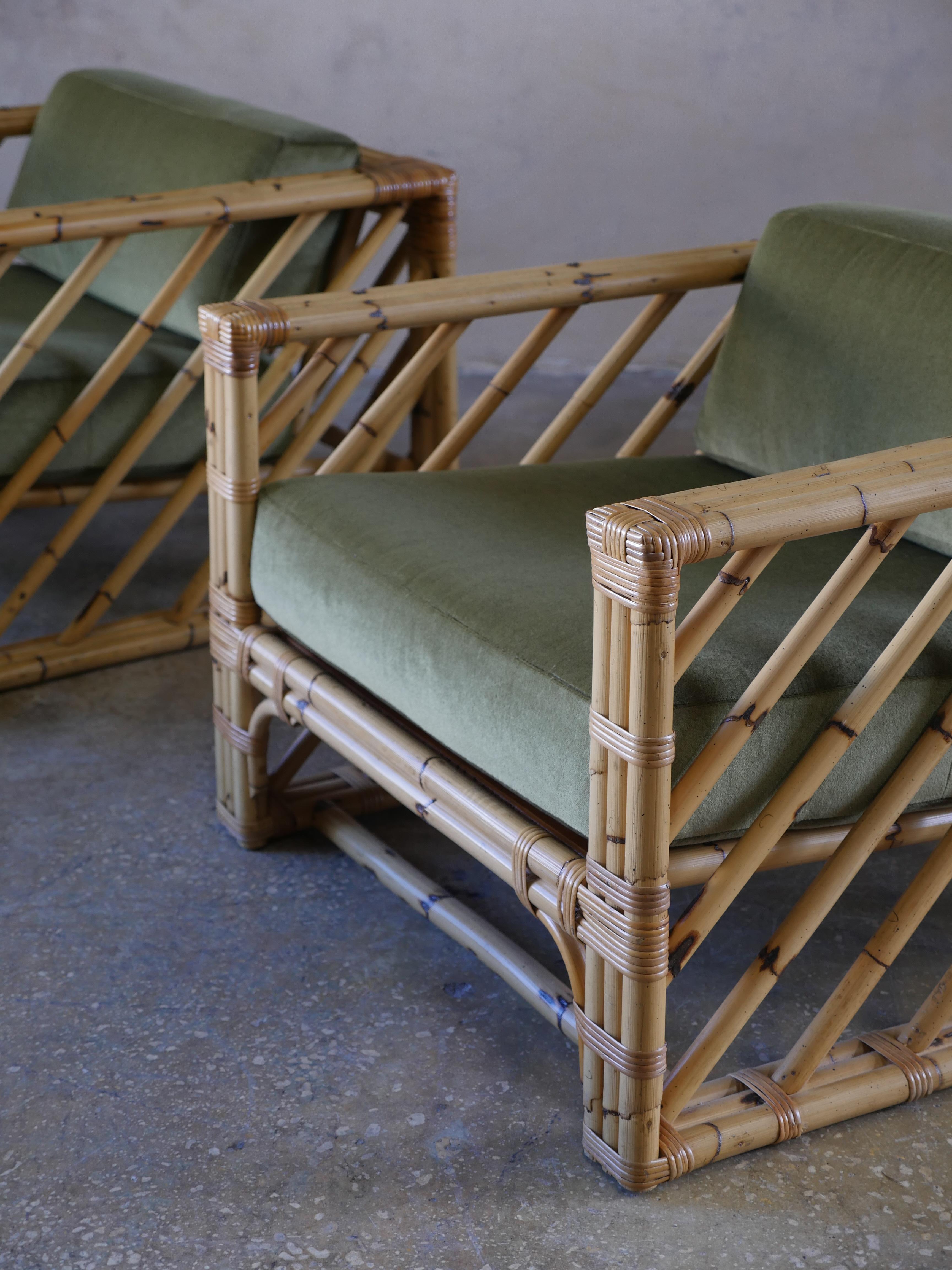 1980s Bamboo Designer Lounge Chairs with Holly Hunt Silk and Mohair Upholstery  For Sale 1