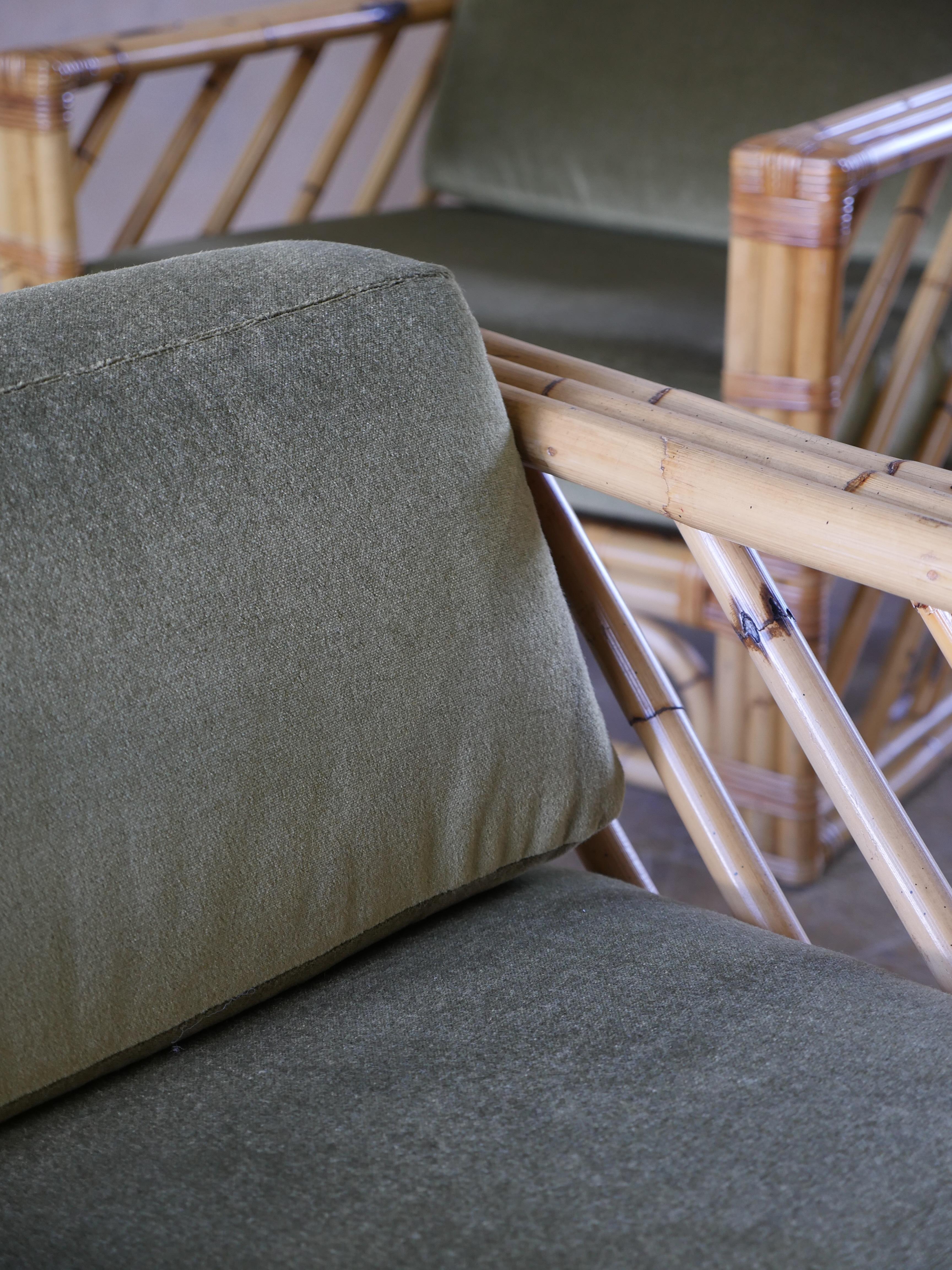 1980s Bamboo Designer Lounge Chairs with Holly Hunt Silk and Mohair Upholstery  For Sale 2