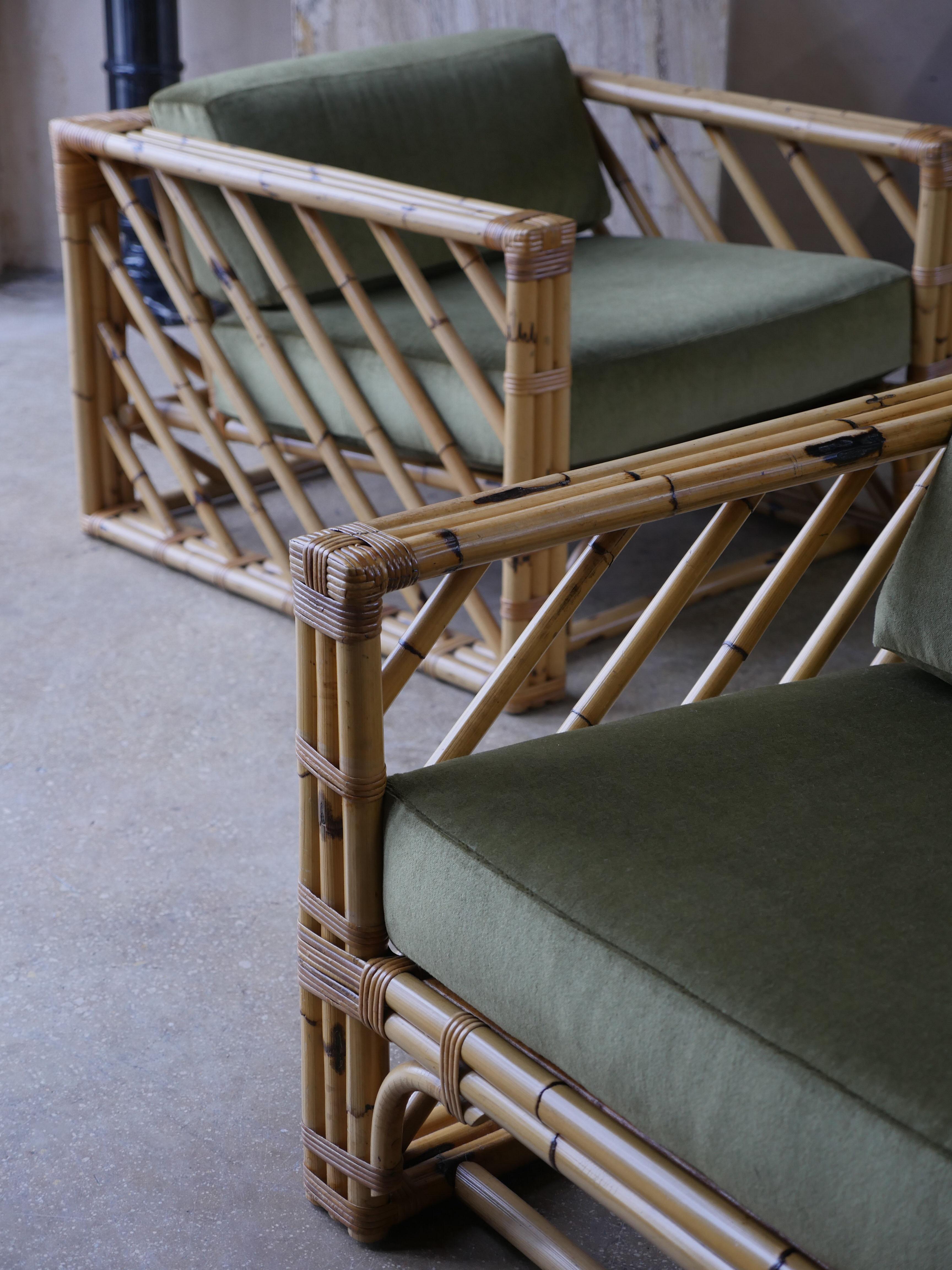 1980s Bamboo Designer Lounge Chairs with Holly Hunt Silk and Mohair Upholstery  For Sale 3