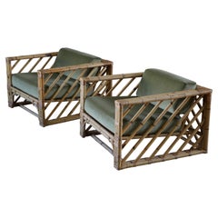 1980s Bamboo Designer Lounge Chairs with Holly Hunt Silk and Mohair Upholstery
