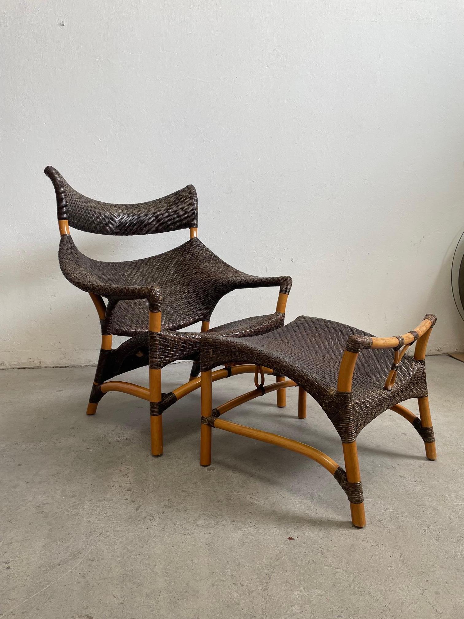 Extraordinary sculptural lounge set consisting of a chair, stool and a side table. The set is made of lacquered woven rattan, bamboo and clear glass.  

Designed in the 1980's by Yuzuru Yamakawa, Japanese designer known for work with designs in