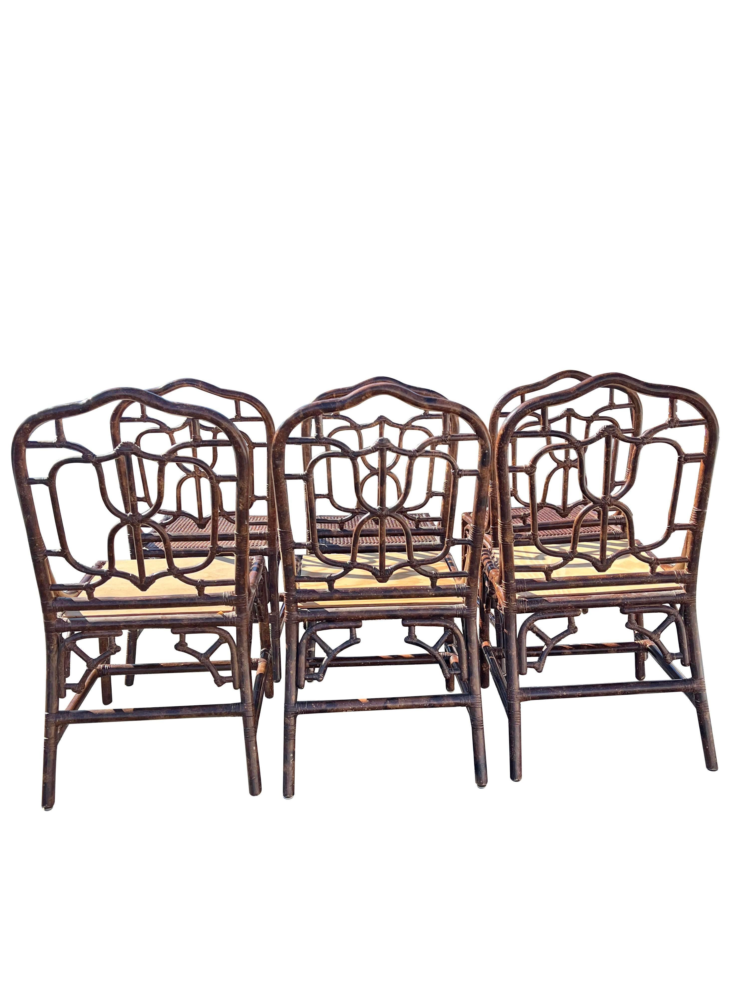 1980s Bamboo Rattan Dining Chairs With Cane Seating in Tortoise Color- Set of 6 5
