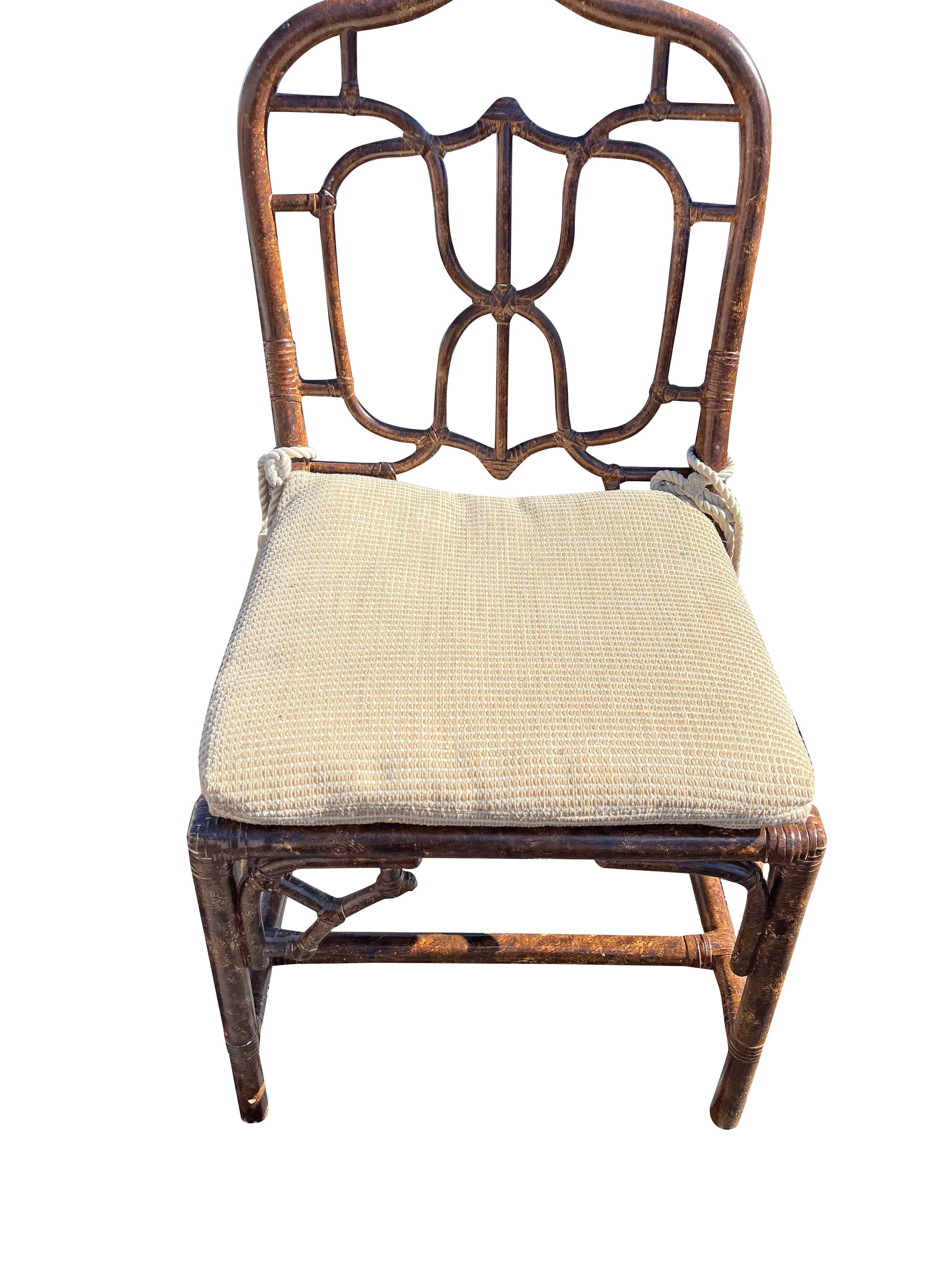 Late 20th Century 1980s Bamboo Rattan Dining Chairs With Cane Seating in Tortoise Color- Set of 6
